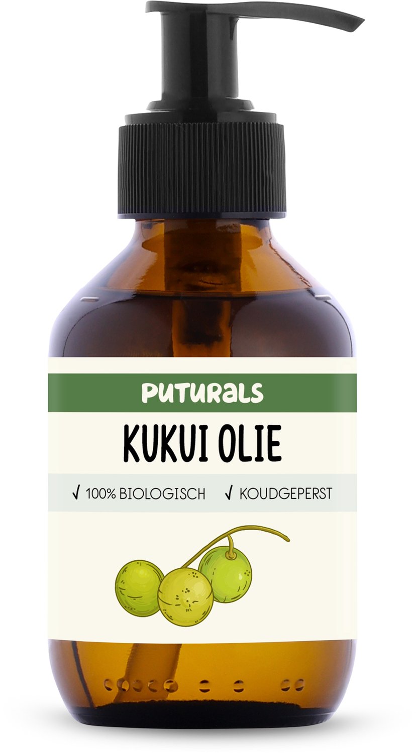 Puturals Kukui Olie 100% Biologisch - 150ml - Puur en Koudgeperst - Kukui Olie voor Huid, Haar en Lichaam - Rijk aan Omega 3, 6 en 9 - Kukui Olie als Huidolie en Haarolie - Bruine Glazen Fles + Pomp