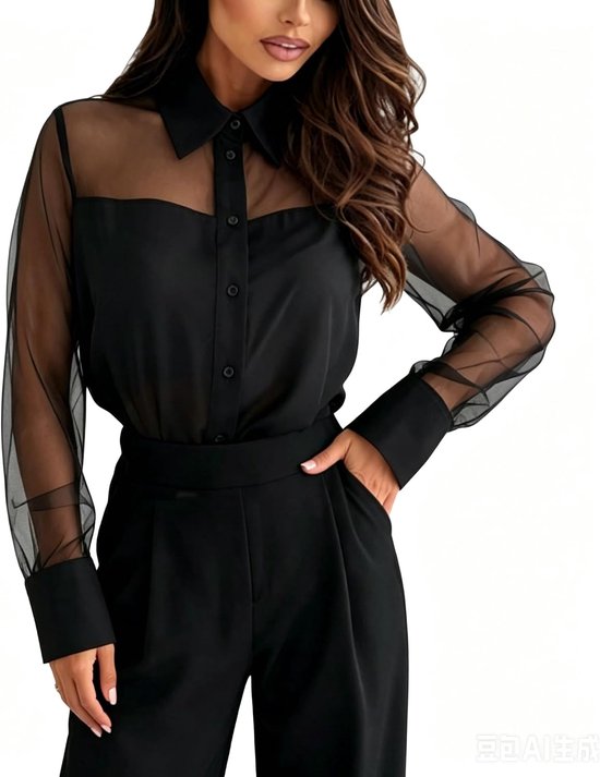 Tops voor vrouwen lange mouwen button down shirt sexy doorzichtig trendy elegante chiffon blouse tops losse pasvorm tops voor vrouwen