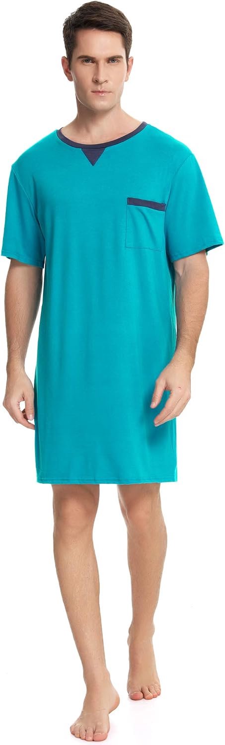 Pyjamatops voor heren, zacht ademend nachthemd, knielengte, nachthemden, korte mouwen, nachtkleding, loungewear