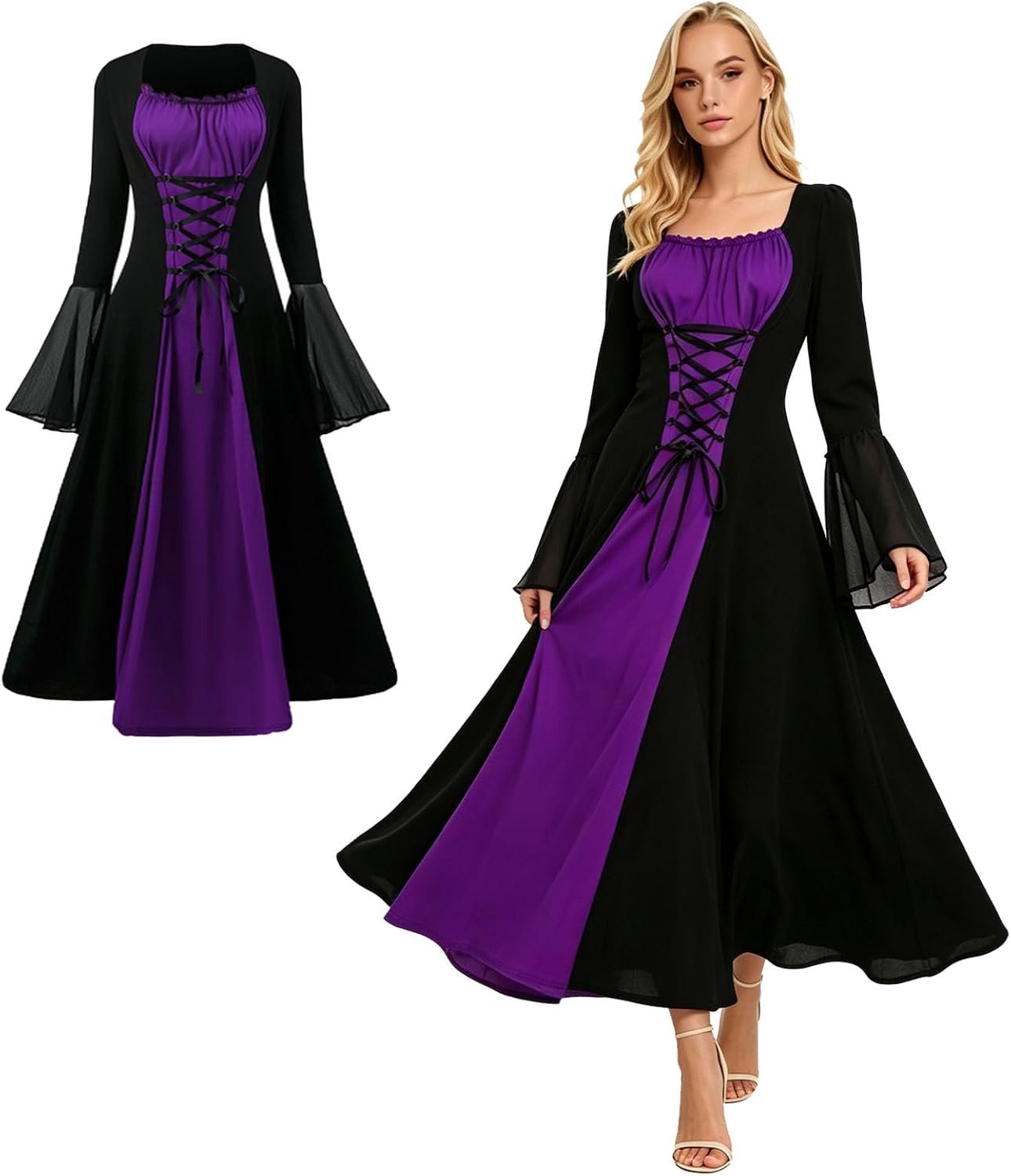 Renaissance-jurk voor dames, middeleeuws kostuum voor dames, met trompetmouwen, gothic, Victoriaanse jurk, voor carnaval, Halloween, feest