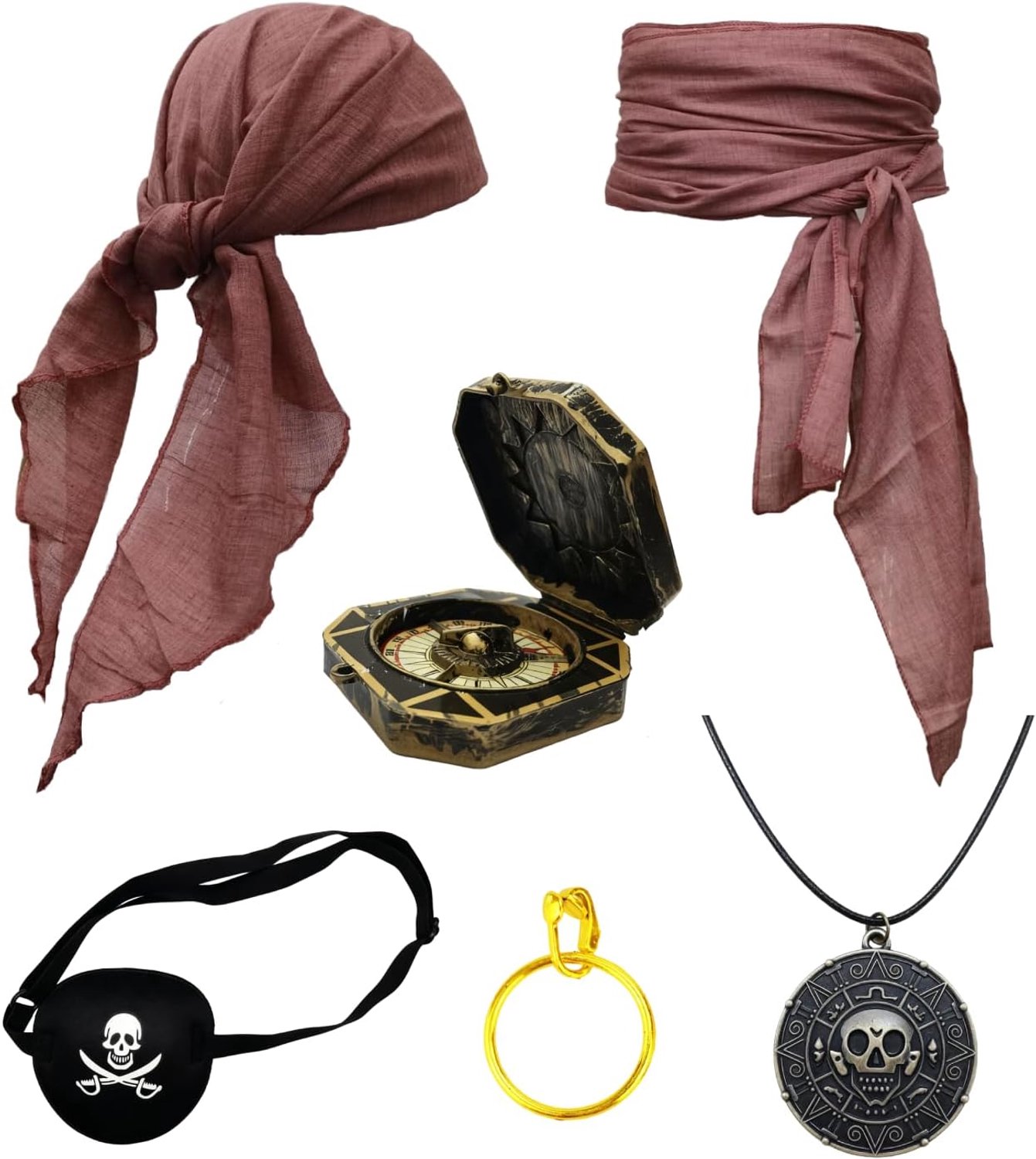 Piratenkostuum Accessoireset Dames Heren – Piraten Verkleedset met Hoofddoek, Ooglapje, Oorbellen, Ketting, Armband en Heupdoek voor Halloween, Cosplay en Feest