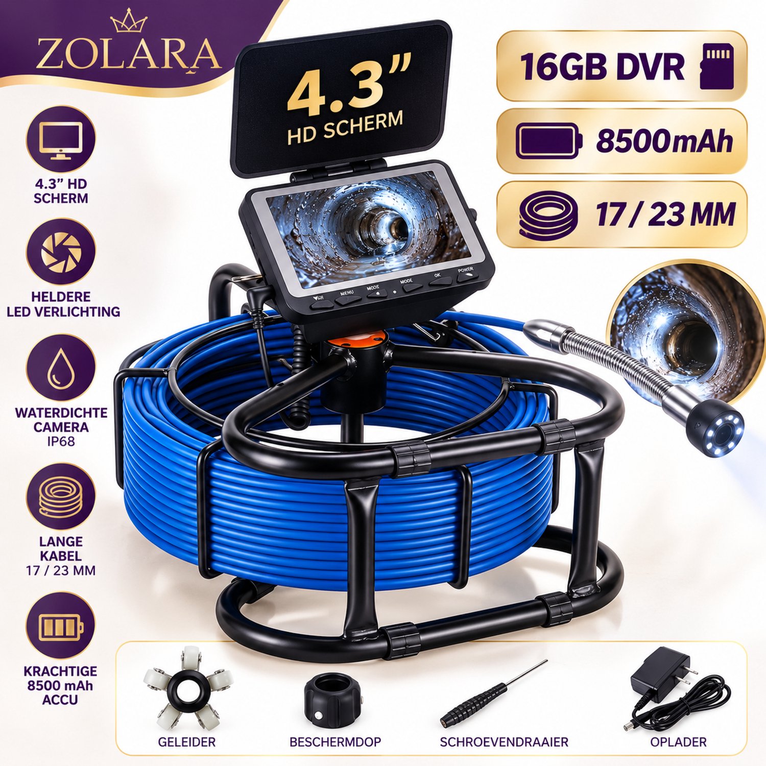 Zolara Rioolbuis camera - Waterdichte inspectiecamera - 16 GB - Riool - LED - 20 Meter