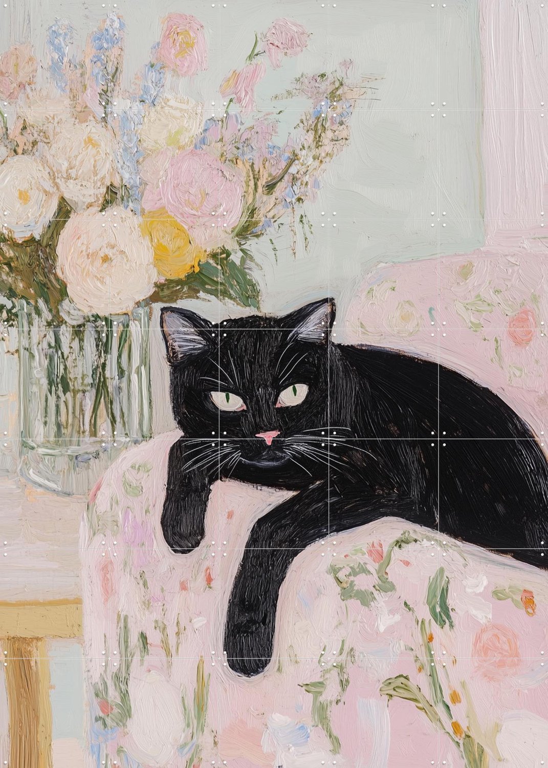 IXXI Black Cat Floral Charm, Andreas Magnusson & Various - 100 x 140 cm - Grote wanddecoratie en posters - Schilderijen, Vintage, Woonkamer, Gang Roze / Zwart