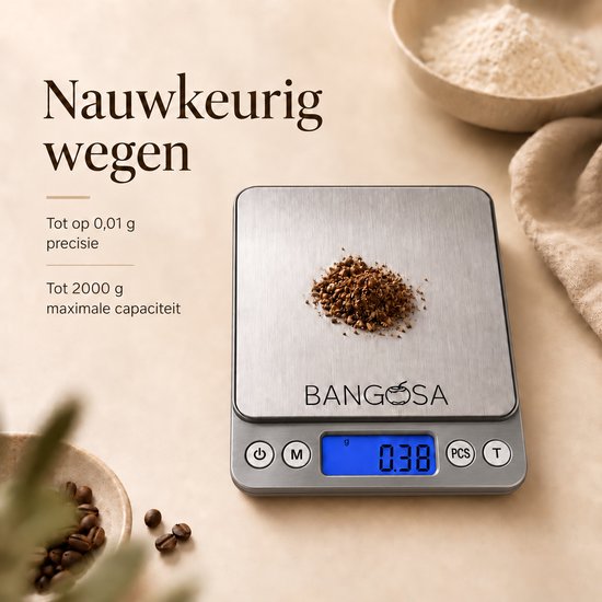 Bangosa precisieweegschaal met 0,01g nauwkeurigheid en 2000g capaciteit voor fijne ingrediënten.