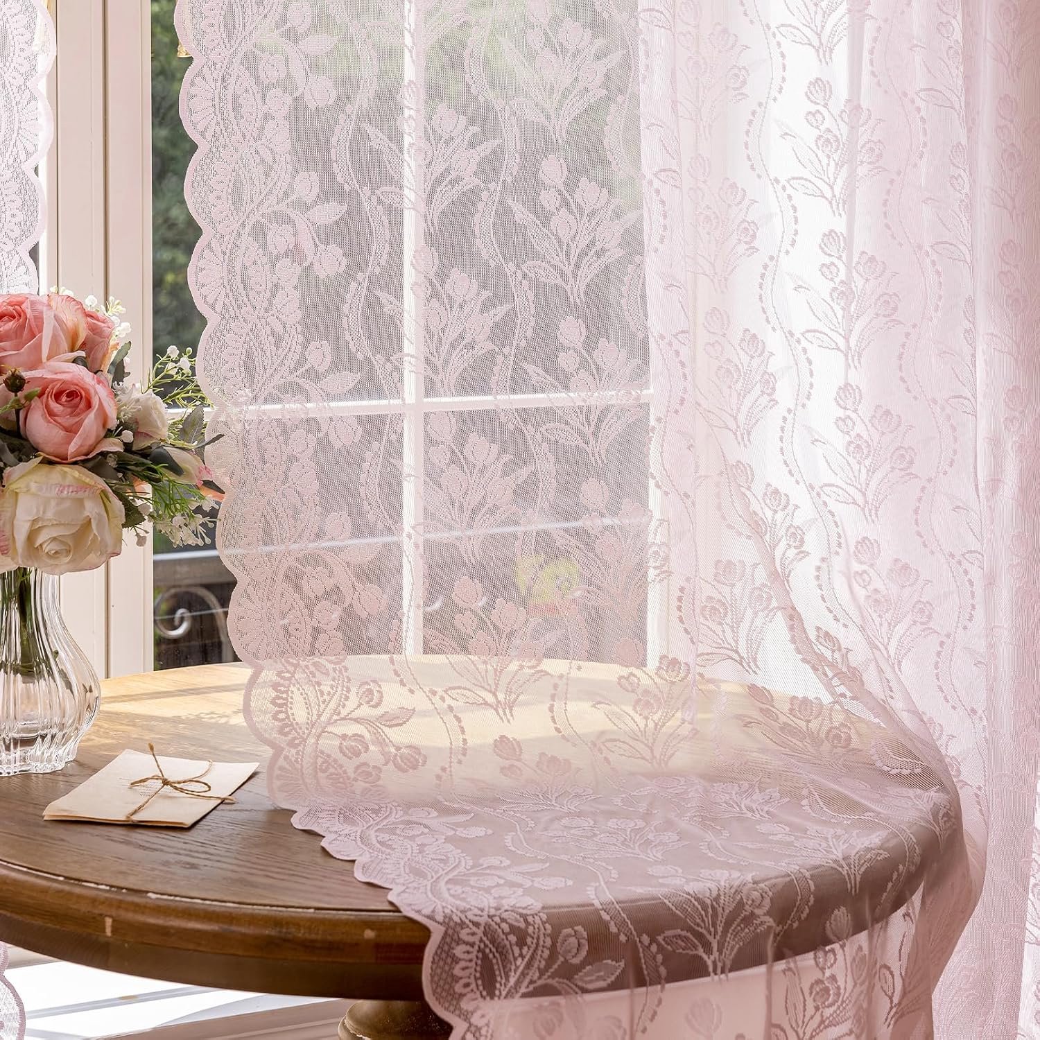 Bloemen Lichtroze 140 x 175 cm Halftransparant Set van 2