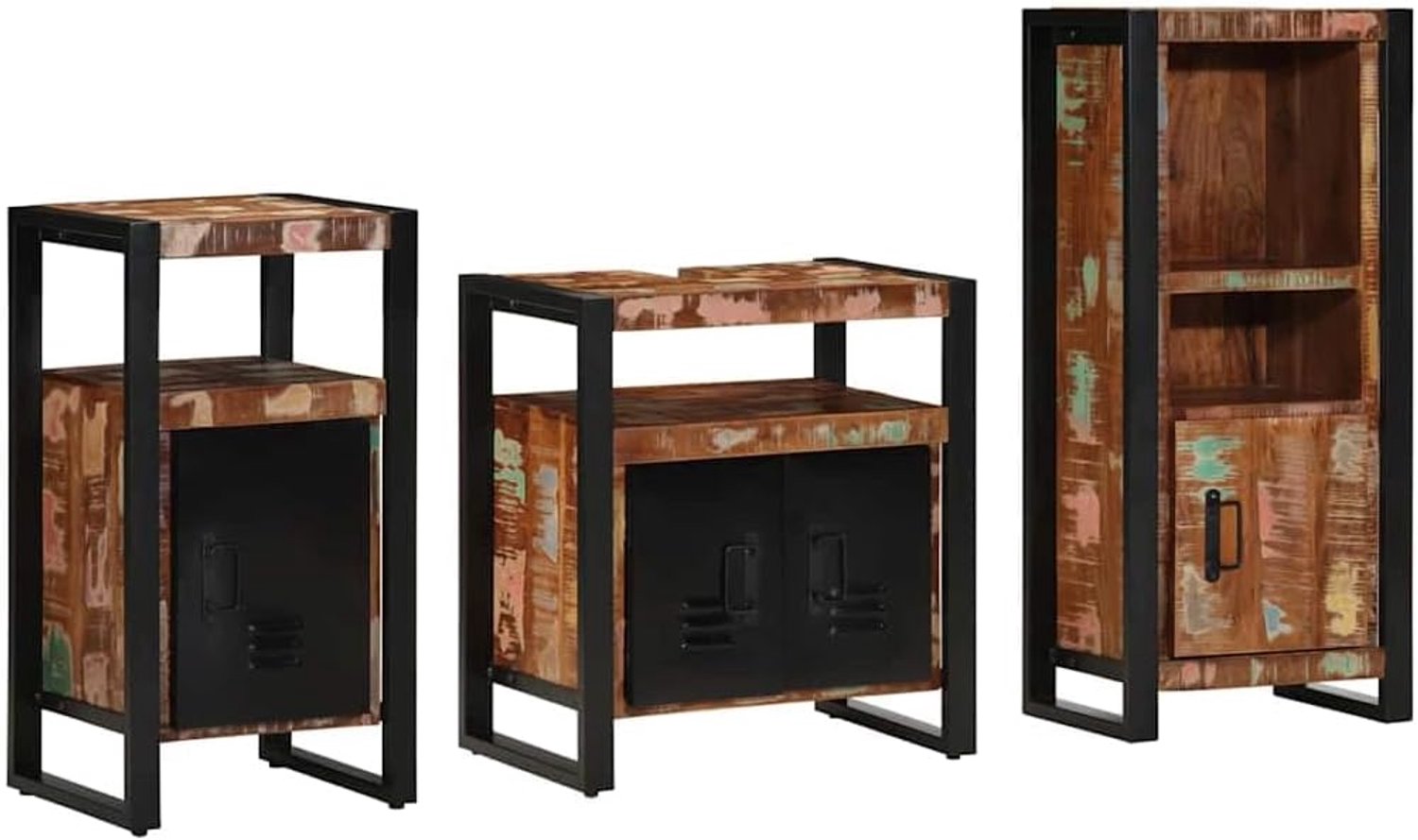 Badmeubelset 3-delig met wastafelonderkast, badkamerkast en wandhouder van massief hout en ijzer, ruimtebesparend wandmontage ontwerp voor kleine badkamers