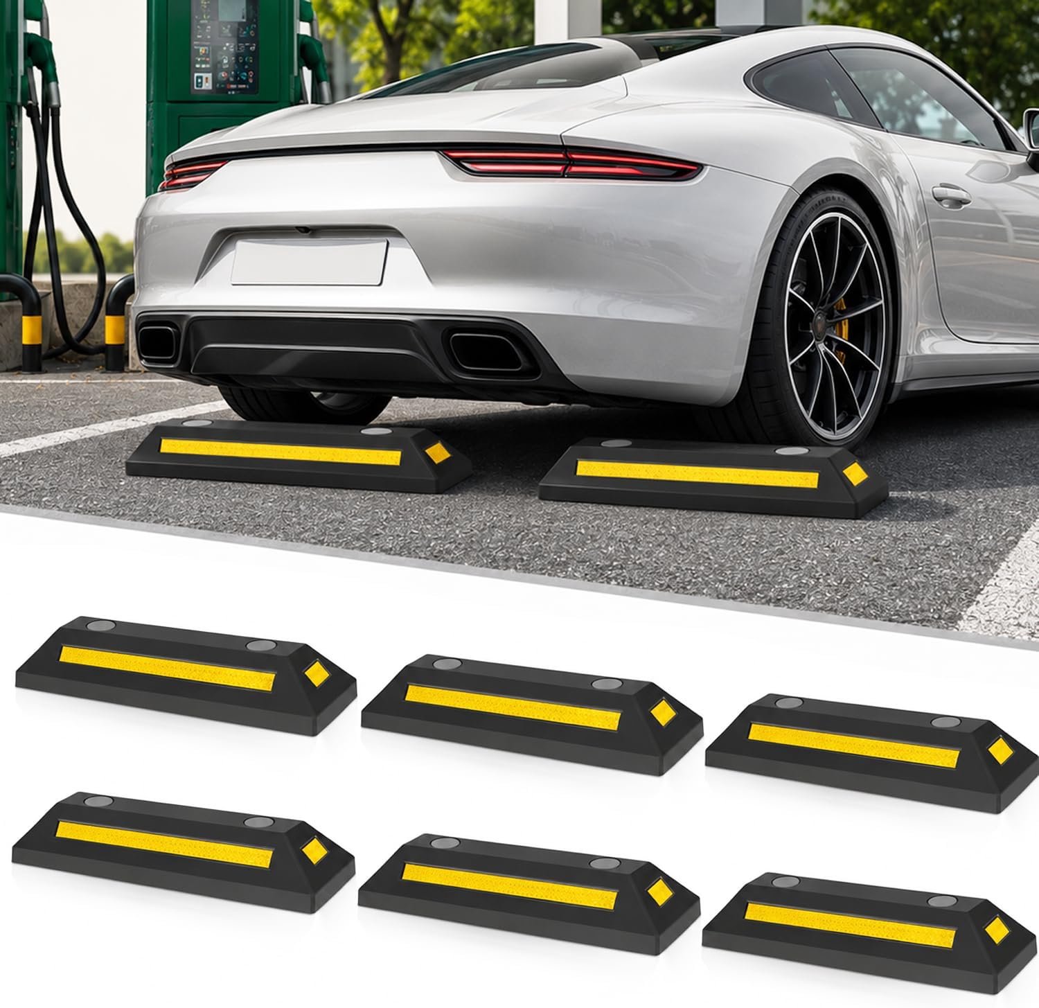6 stuks rubberen wielstoppers, parkeerplaatsbegrenzer, 54 x 9 x 15 cm, met gele reflecterende strepen en schroefbrillen, voor garage, oprit en parkeerplaats, binnen en buiten