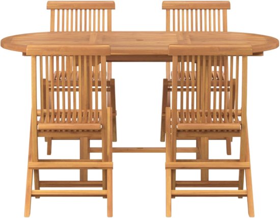 5 stuks, bruin, massief teak, moderne tuintafelset met strakke lijnen en minimalistisch design voor terras en tuin, natuurlijke bruine afwerking, geolied — afbeelding 5