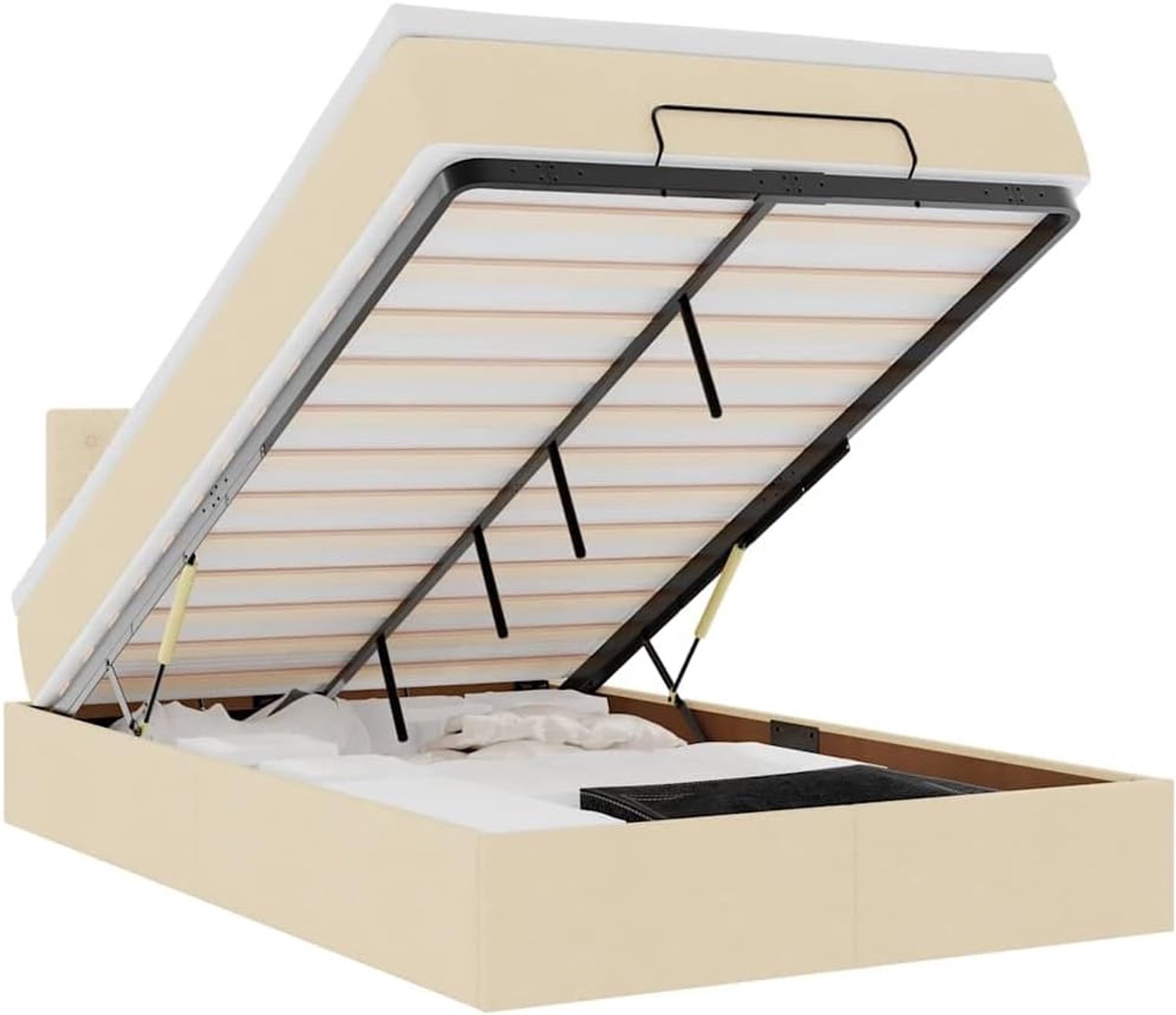 Bed met matras, crème, 120 x 200 cm, gestoffeerd bed met pocketveringmatras, stoffen bekleding van polyester, opbergruimte onder het bed door hydraulisch mechanisme