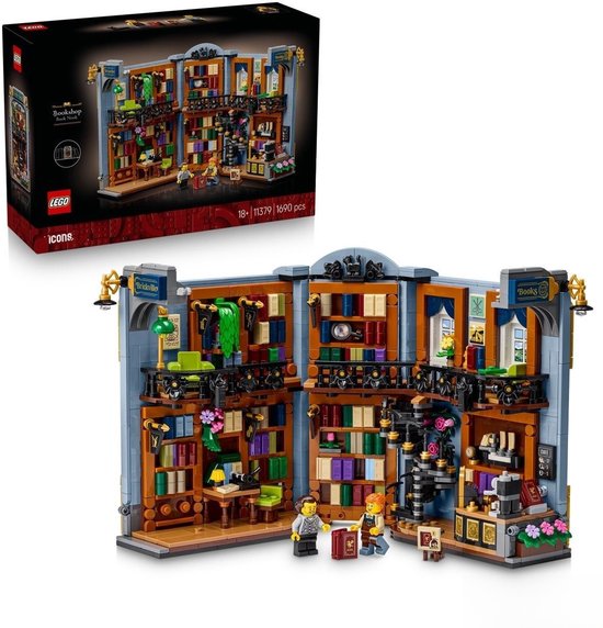 Verpakking en volledig opengeklapte Brickville Books set met twee minifiguren, boekenplanken en een wenteltrap.