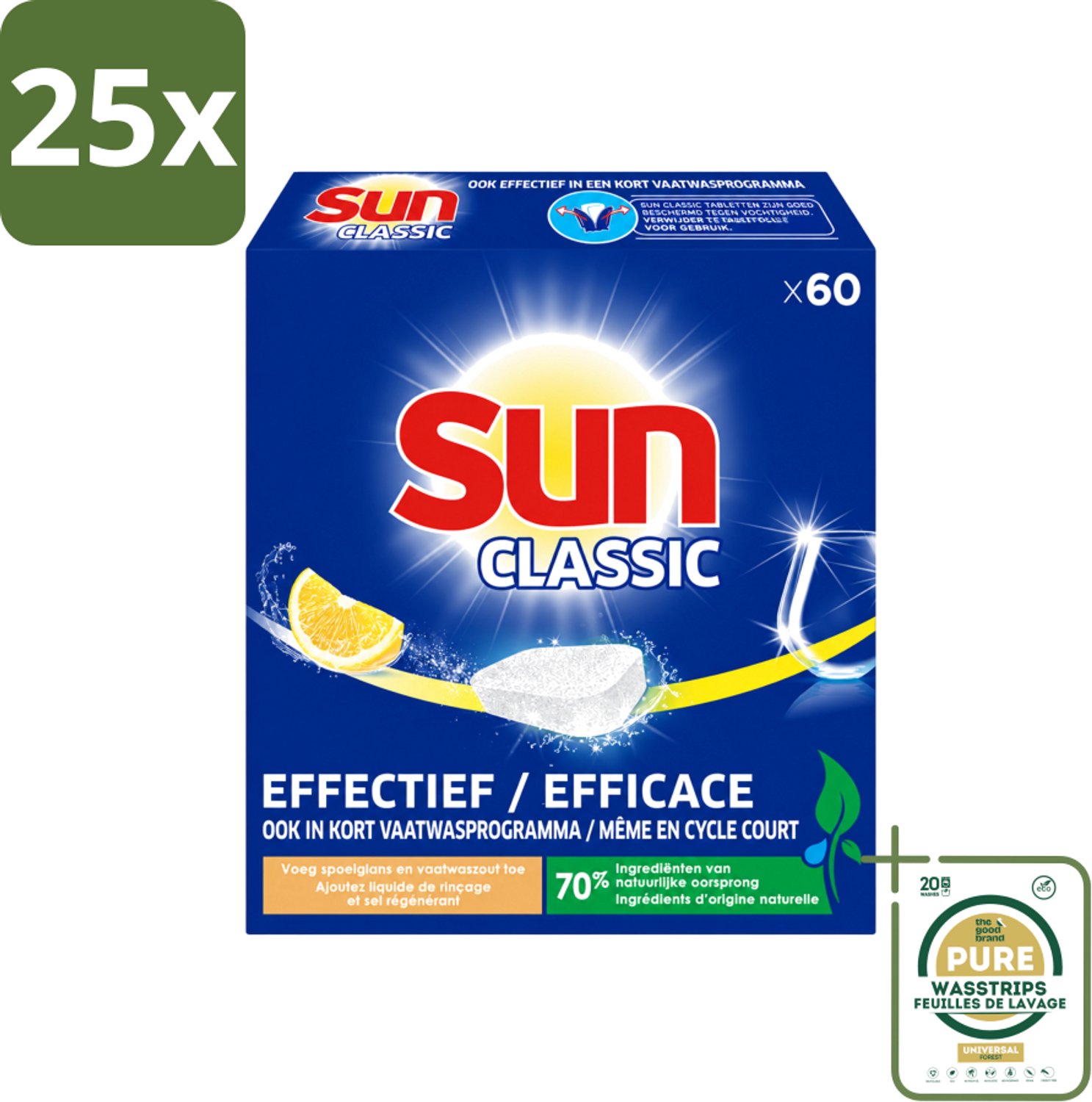 25 x Sun Classic - Vaatwastabletten - Voordeelverpakking - Citroen - 60 Tabletten - Wasstrips - Vaatwastabletten - Citroengeur - Vaatwasser - Fosfaatvrije - Milieuvriendelijk