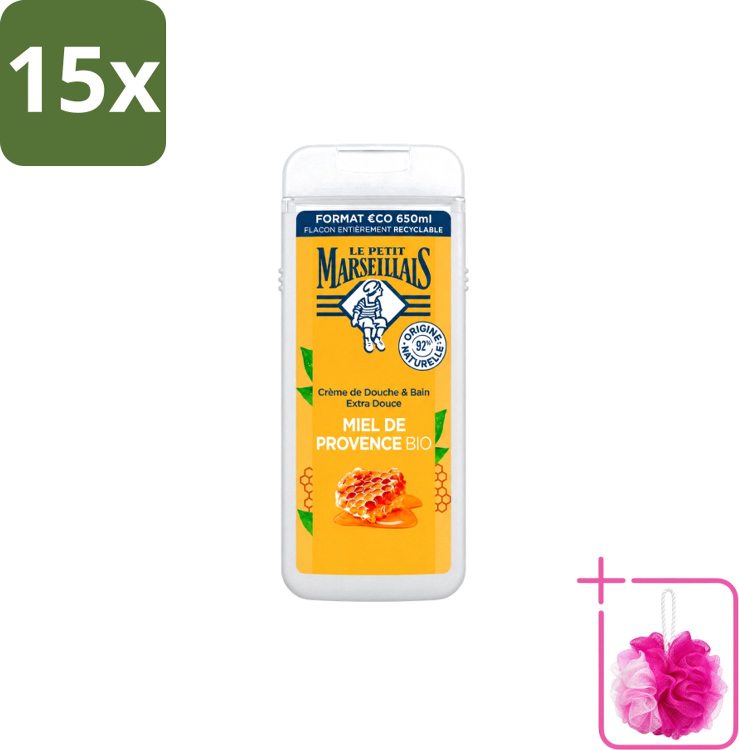 15 x Le Petit Marseillais – Douche & Bad – Honing – 650 ml - Bulkverpakking - Douche en bad - Douchemop - Honing