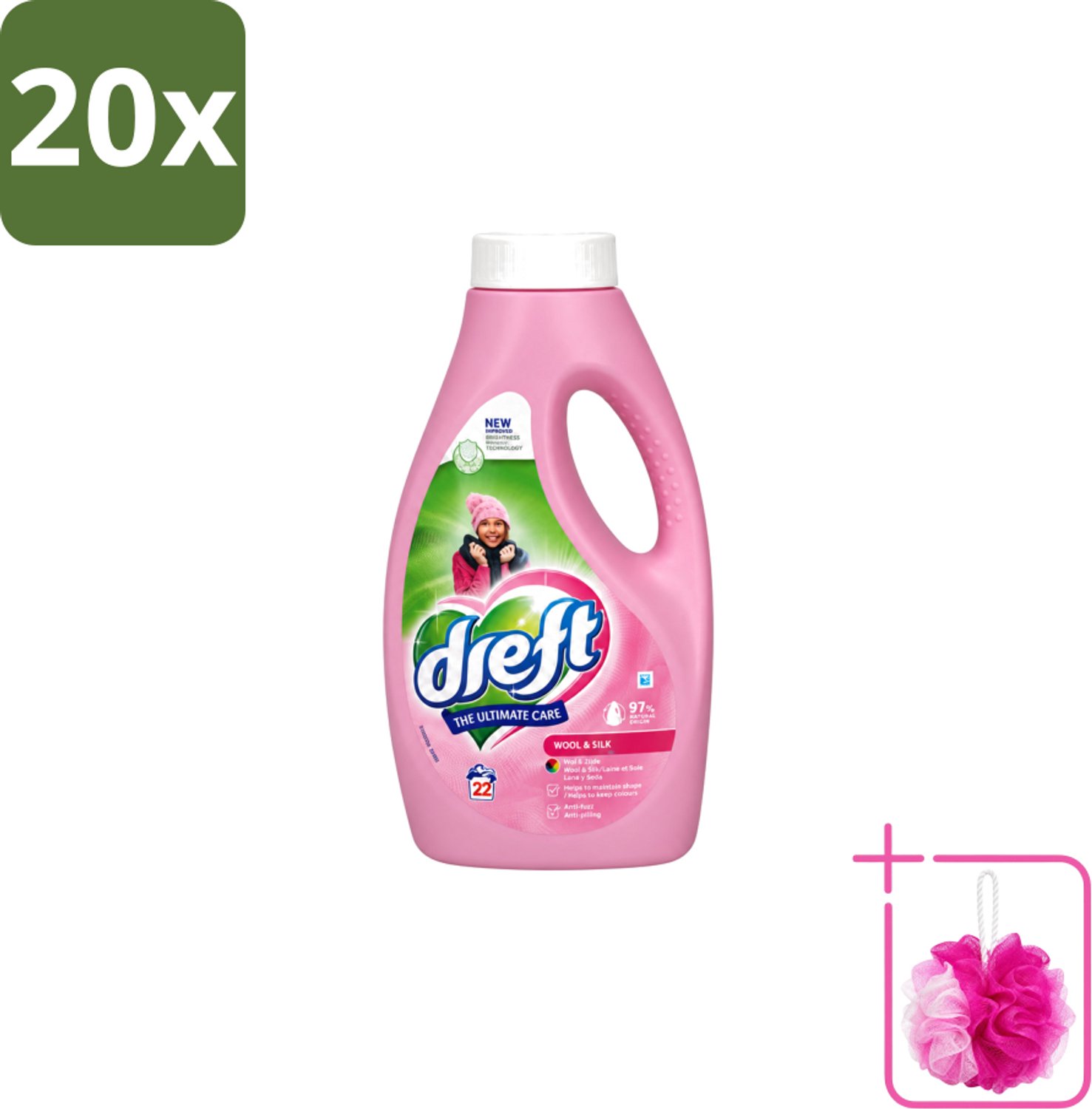 20 x Dreft – Vloeibaar Wasmiddel – Wol & Zijde – 22 Wasbeurten - Bulkverpakking - Wol en zijde wasmiddel - Douchemop - Zachte wasmiddelen