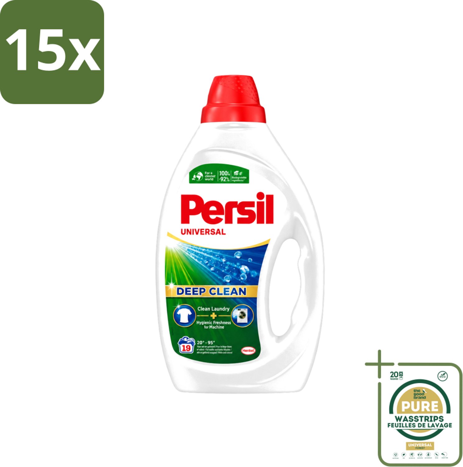 15 x Persil Universal - Deep clean - Vloeibaar Wasmiddel - Witte en Gekleurde Was - 19 Wasbeurten - Wasstrips - Wasmiddel - Diepgewas - Vlekverwijdering - Wasmachine Reinigen - Hygiëne