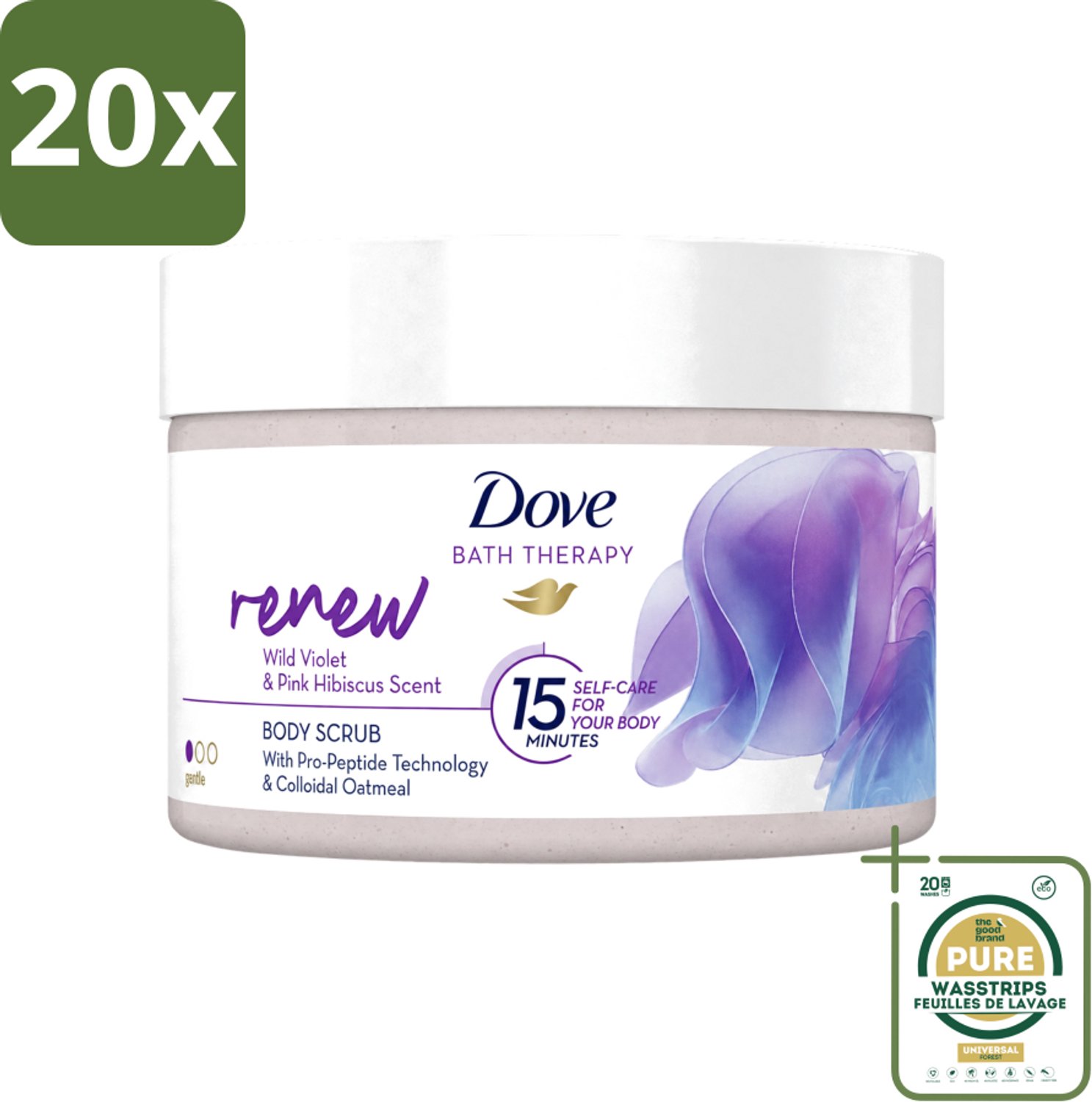 20 x Dove Bath Therapy Renew - Bodyscrub - Wilde Viooltjes & Roze Hibiscus - 295 ml - Wasstrips - Huidvernieuwing - Huidscrub - Exfoliatie - Zachte Huid - Huidverzorging
