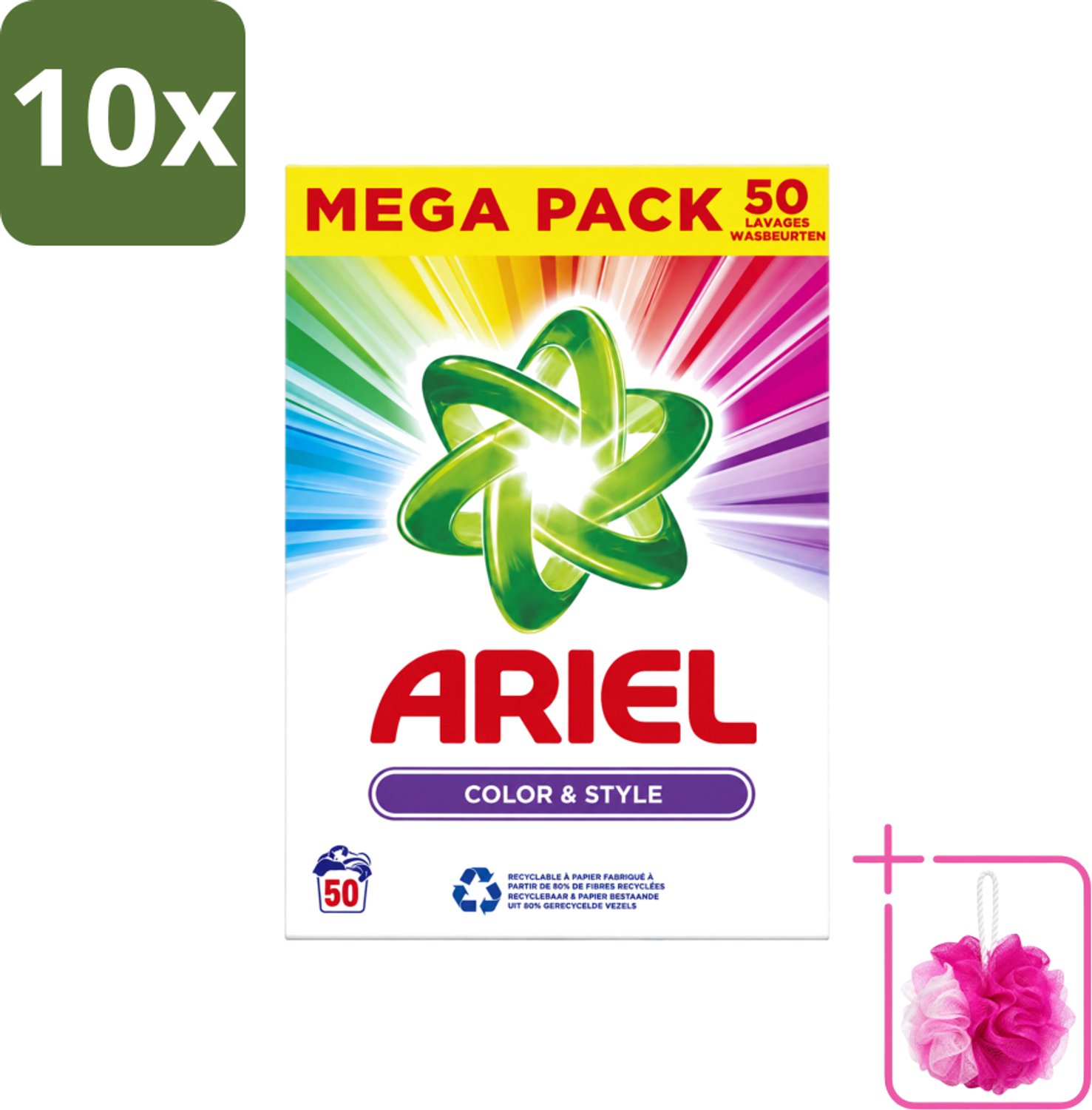 10 x Ariel Color & Style - Waspoeder - Gekleurde Was - 50 Wasbeurten - Bulkverpakking - Kleurverzorging - Douchemop - Waspoeder
