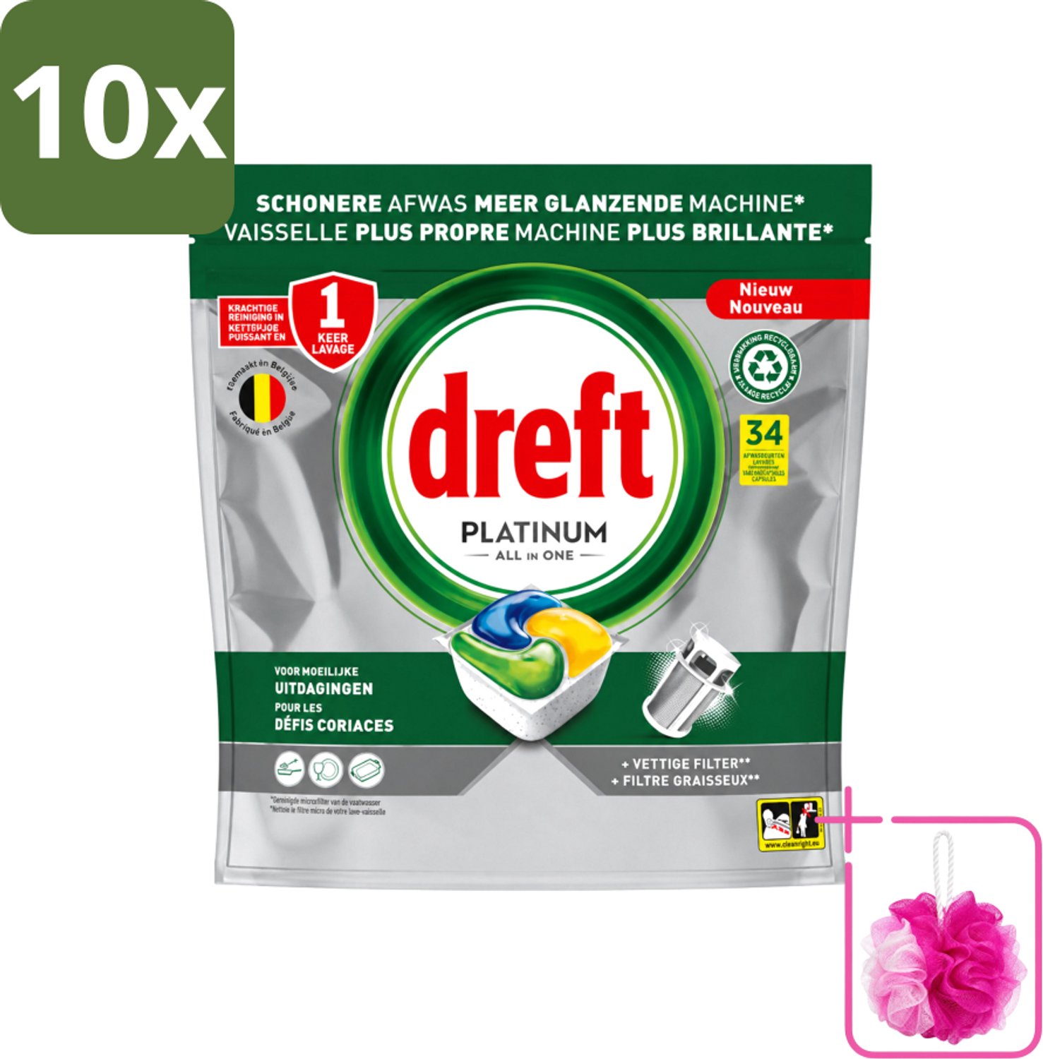 10 x Dreft Platinum - All In One - Vaatwascapsules - Citroen - 34 Afwasbeurten - Bulkverpakking - Vaatwasmiddel - Douchemop - Vaatwascapsule