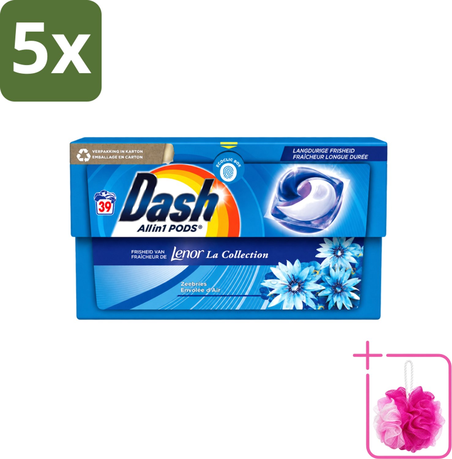 5 x Dash - Lenor Collectie - Wasmiddel Capsules - All-in-1 Pods - Witte en Gekleurde Was - 39 Wasbeurten - Bulkverpakking - Wasmiddel capsules - Douchemop - Frisheid