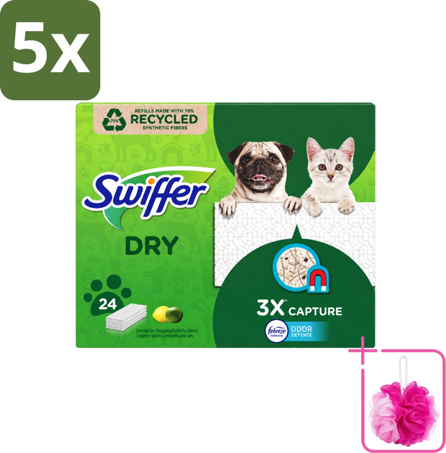 5 x Swiffer Dry - Vloerdoekjes - Navulling - Febreze Citroengeur - 24 Doekjes - Bulkverpakking - Vloerdoekjes - Douchemop - Schoonmaken