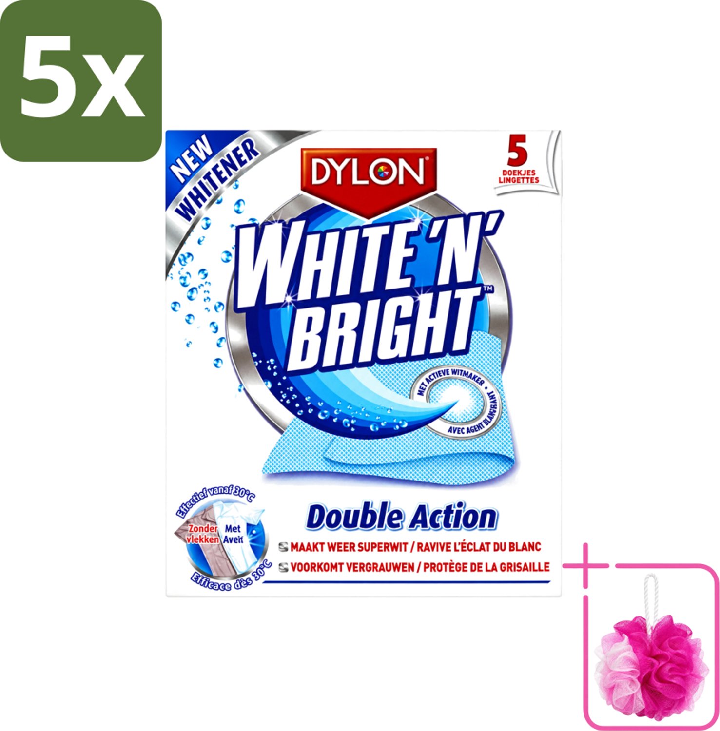 5 x Dylon - Vlekverwijderaar - White & Bright - Superwit & Vlekkeloos - 5 Doekjes - Bulkverpakking - Wit maken kleding - Douchemop - Vlekverwijderaar