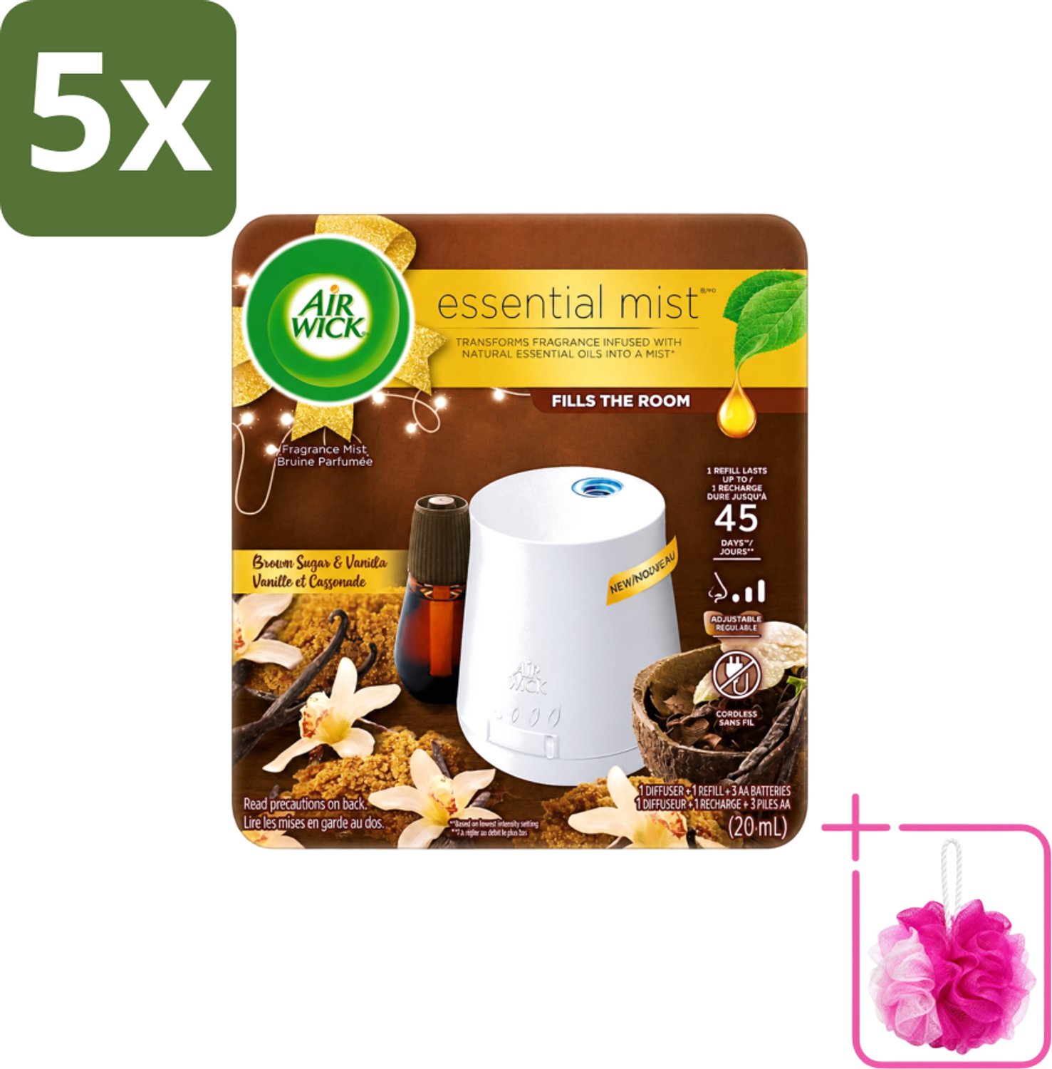 5 x Air Wick Essential Mist - Elektrische Geurverspreider - Starterkit - Vanille & Bruine Suiker - 20ml - Bulkverpakking - Geurverspreider - Douchemop - Vanille