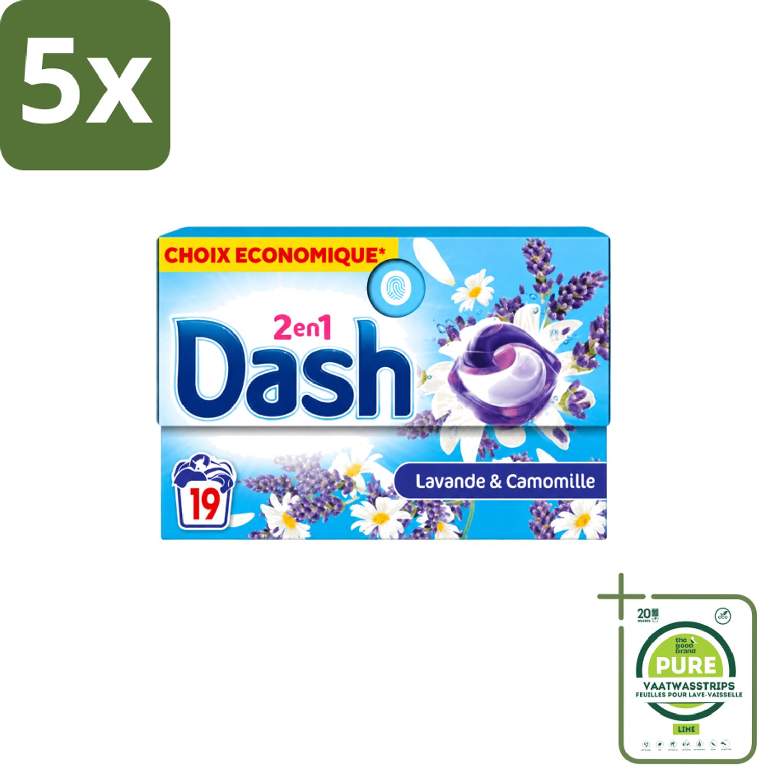 5 x Dash – Wasmiddel Pods 2-in-1 – Lavendel & Kamille – 19 Capsules - Grootverpakking - Vaatwasstrips - Wasmiddel - Waspod - Reiniging - Frisheid - Lavendel