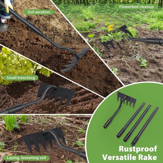 140 cm lange steel, 6 tanden, zware hark, metaal, koolstofstaal, tuinhark, onkruidhark, handhark, tuin achtertuin hark, tuingereedschap, onkruidhak, voor wieden en losmaken — afbeelding 5