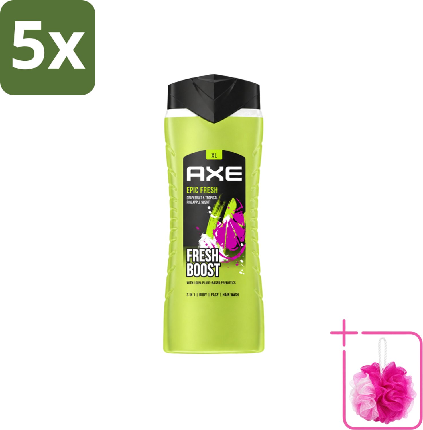 5 x AXE – Douchegel – Epic Fresh Fresh Boost 3-in-1 – 400 ml - Bulkverpakking - Douchegel - Douchemop - Frisheid
