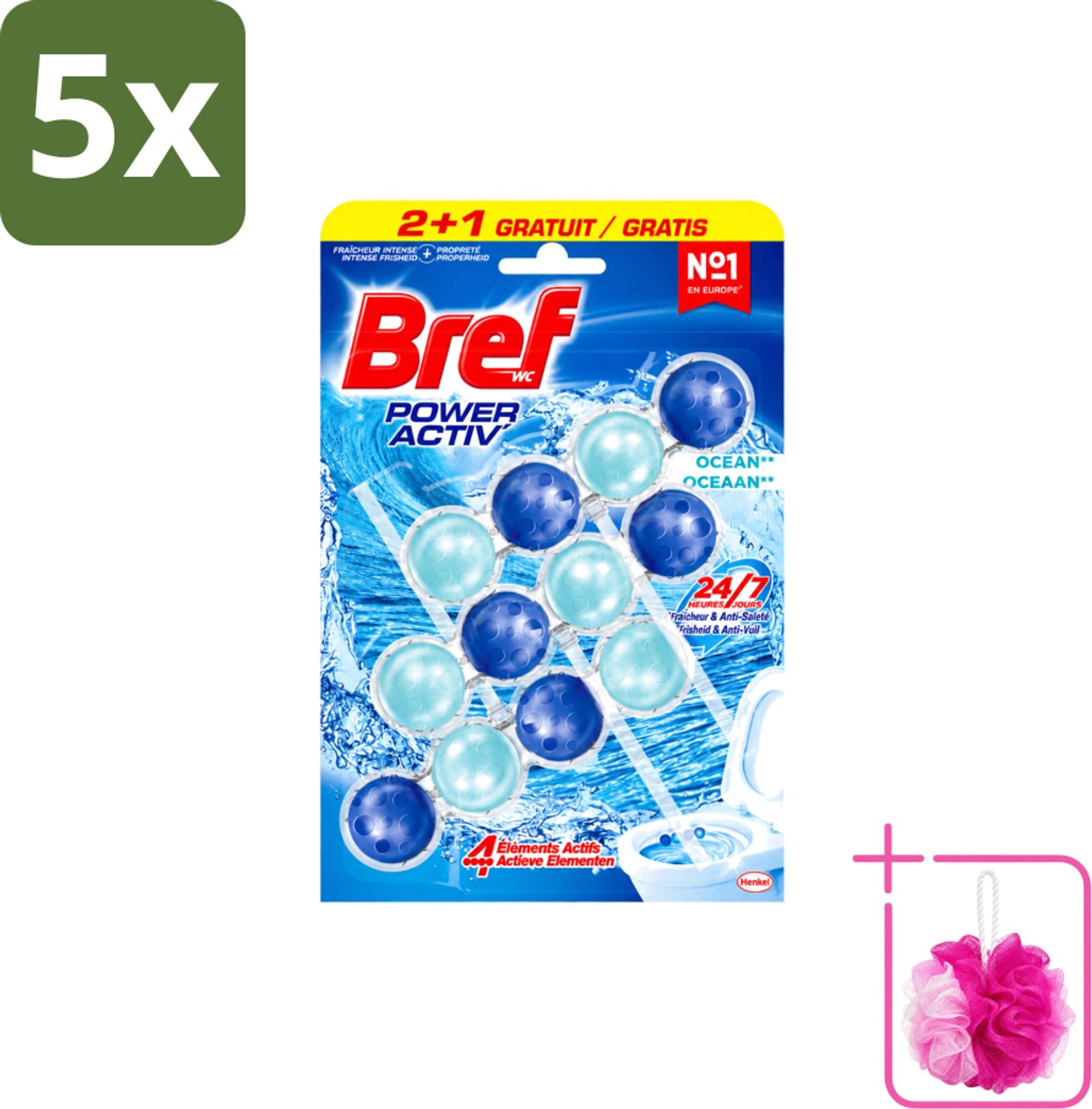 5 x Bref – Toiletblok – Power Aktiv Ocean – Multipack - Bulkverpakking - Toiletblok multipack - Douchemop - Anti-kalk toiletblok