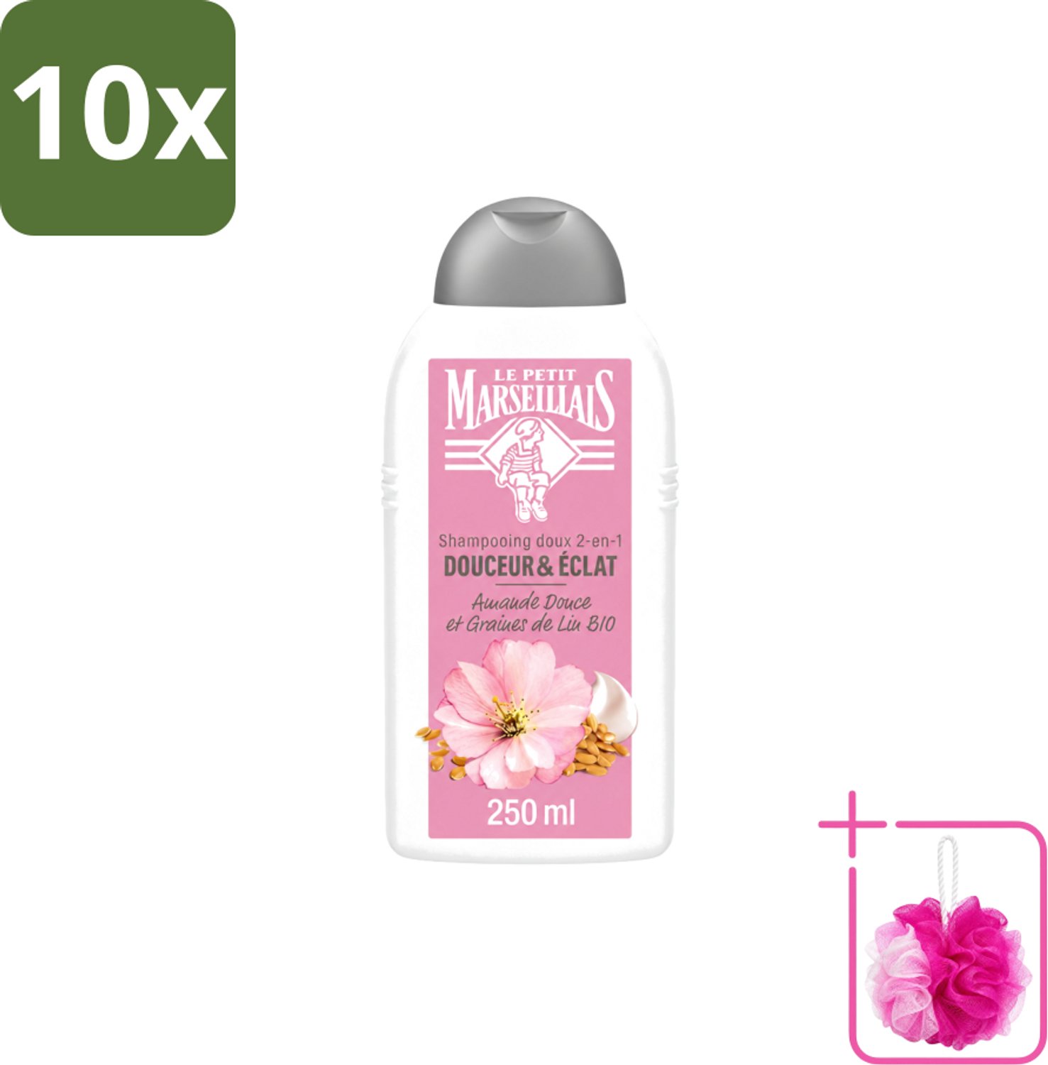 10 x Le Petit Marseillais – Shampoo – Amande Douce & Graines de Lin Bio – 250 ml - Bulkverpakking - Shampoo Amande Douce - Douchemop - Shampoo Linzaad