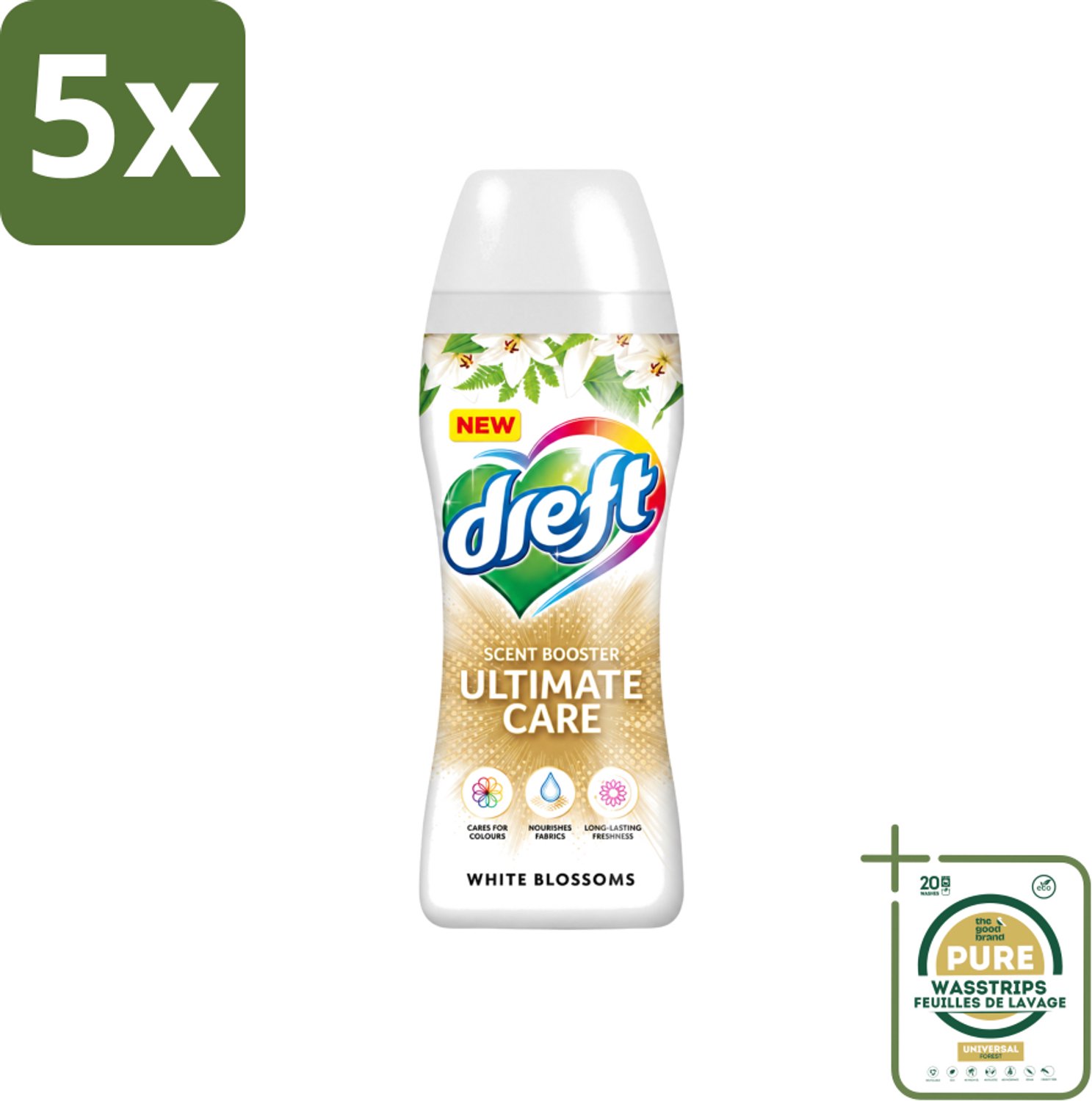 5 x Dreft - Ultimate Care - Wasverzachter - Geurbooster - Gekleurde Was - Witte Bloem - 15 Wasbeurten - Wasstrips - Wasmiddel - Geurbooster - Kleurbescherming - Wasverzachter - Vezelverzorging