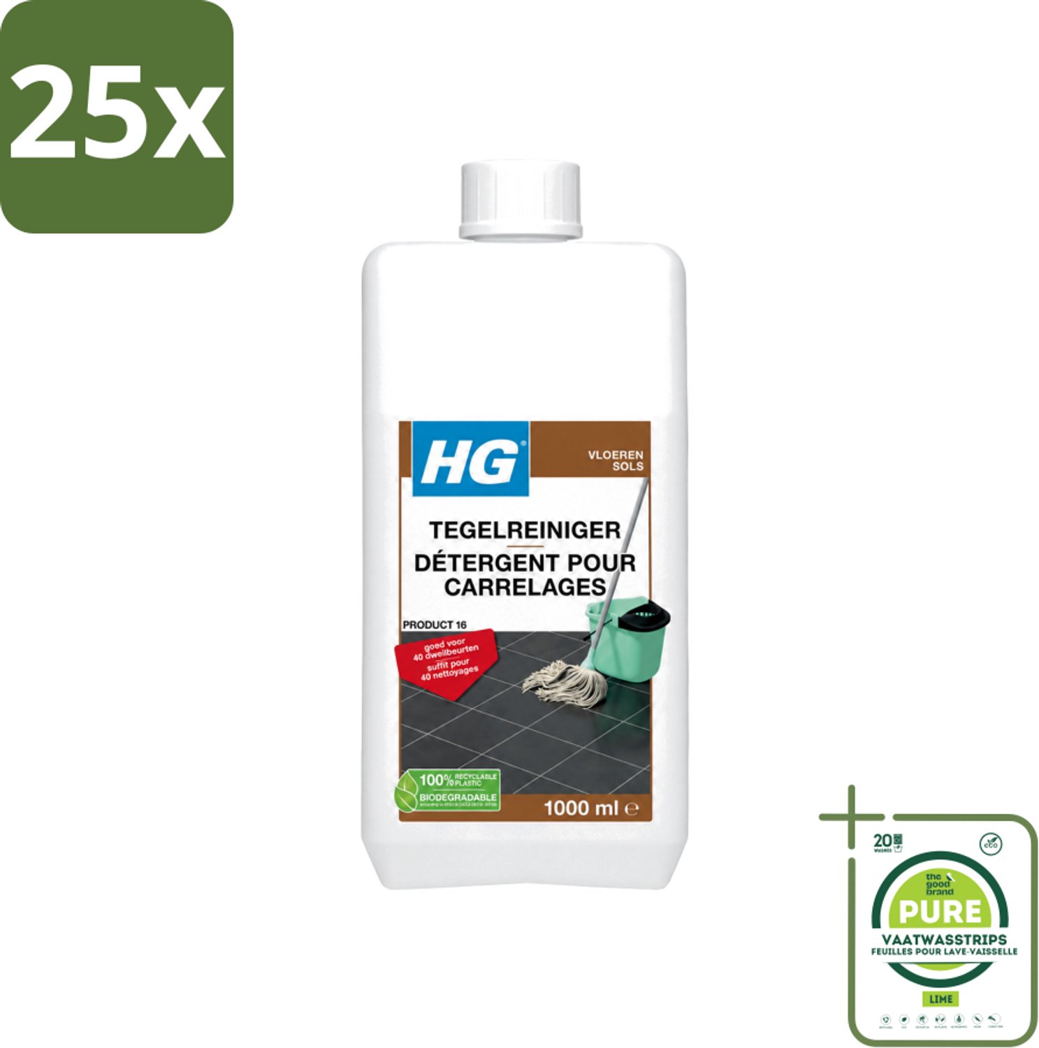 25 x HG - Vloeren - Tegelreiniger - 40 Dweilbeurten - 1L - Grootverpakking - Vaatwasstrips - Tegelreiniger - Vloerreiniger - Dweilreiniger - Tegelvloer - Natuursteen