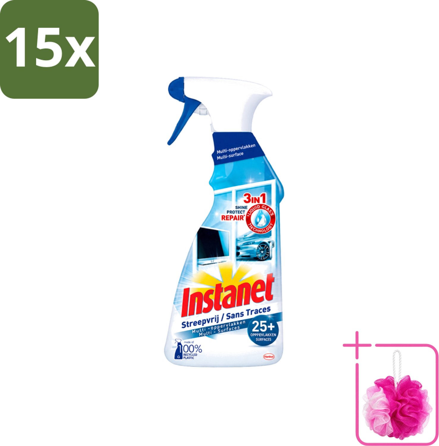 15 x Instanet - Schoonmaakspray - Streepvrij - 3 in 1 - Multi-Oppervlakken - 725 ml - Bulkverpakking - Schoonmaak spray - Douchemop - Glas reinigen