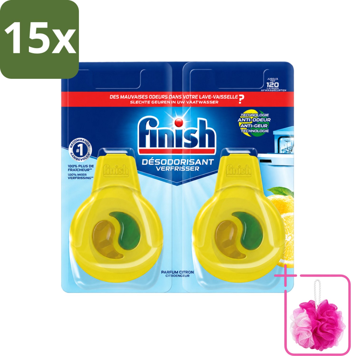 15 x Finish Deo Odorstop - Vaatwasverfrisser - Citroen Parfum - Anti-geur - Tot 120 Afwasbeurten - Bulkverpakking - Vaatwasverfrisser - Douchemop - Geurbeheersing