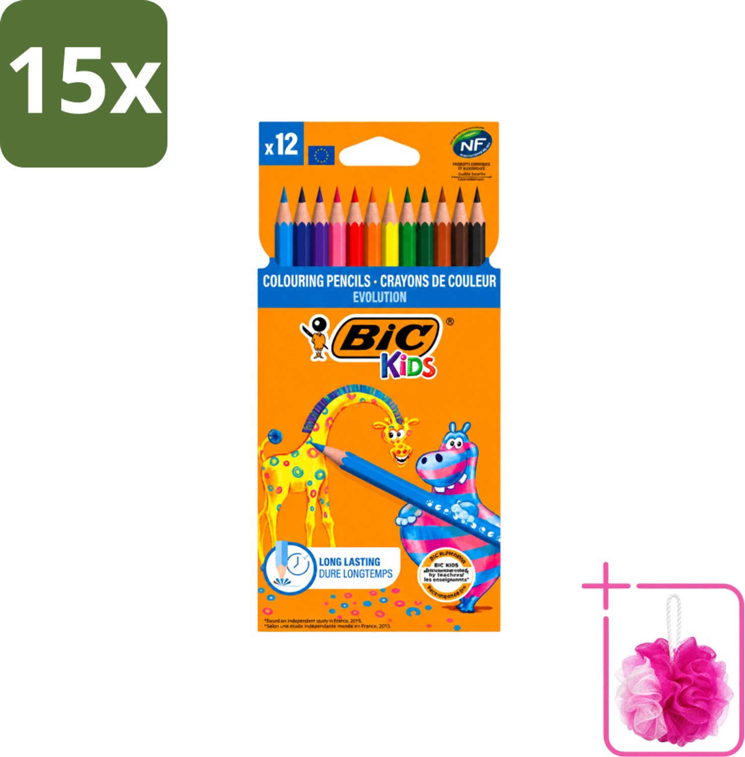 15 x Bic Kids - Kleurpotloden - Diverse Kleuren - Evolution - 12 Potloden - Bulkverpakking - Kleurpotloden voor kinderen - Douchemop - Kleurpotloden evolution