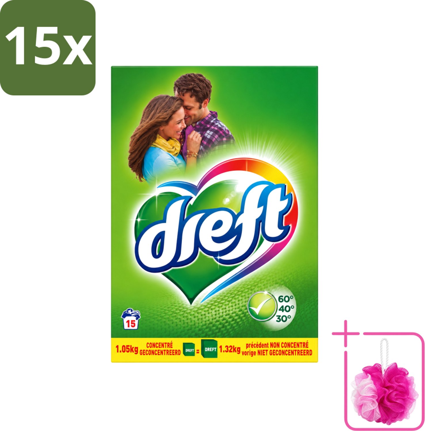 15 x Dreft - Waspoeder - Witte en Gekleurde Was - Original - 15 Wasbeurten - Bulkverpakking - Waspoeder - Douchemop - Kleurbescherming
