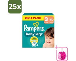 25 x Pampers – Luiers – Baby Dry Maat 3 – 150 Luiers - Bulkverpakking - Baby-dry luiers - Douchemop - Lekken voorkomen