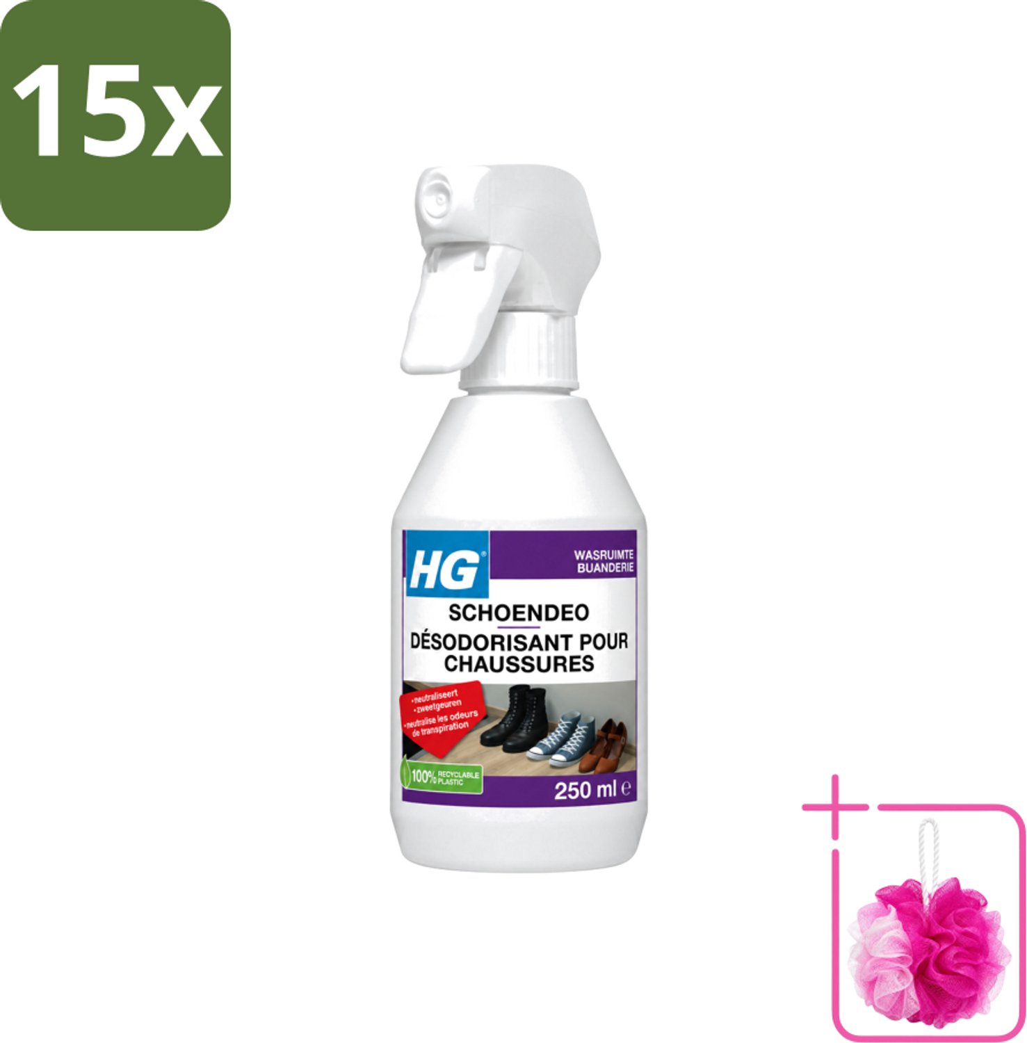 15 x HG - Schoendeo - Neutraliseert Zweetgeuren - Gemakkelijk in Gebruik - 250 ml - Bulkverpakking - Schoenen geur - Douchemop - Transpiratiegeur
