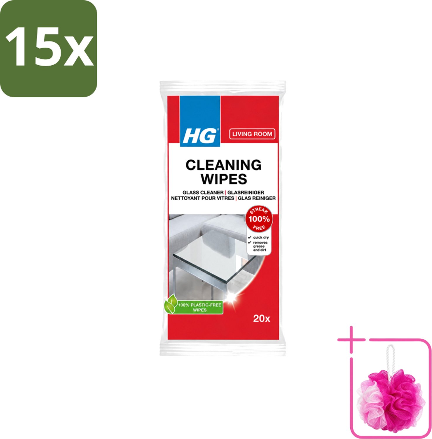 15 x HG - Woonkamer - Glasreinigingsdoekjes - Reinigt Streeploos - 20 Doekjes - Bulkverpakking - Glas reinigen - Douchemop - Spiegel reinigen