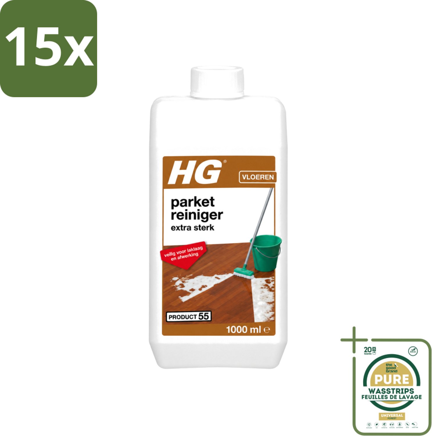 15 x HG - Parketreiniger - Extra Sterk - Veilig Voor Laklaag - 1L - Wasstrips - Parket Reinigen - Laklaag Reinigen - Hardnekkig Vuil Verwijderen - Parketvet Verwijderen - Parket Reiniger