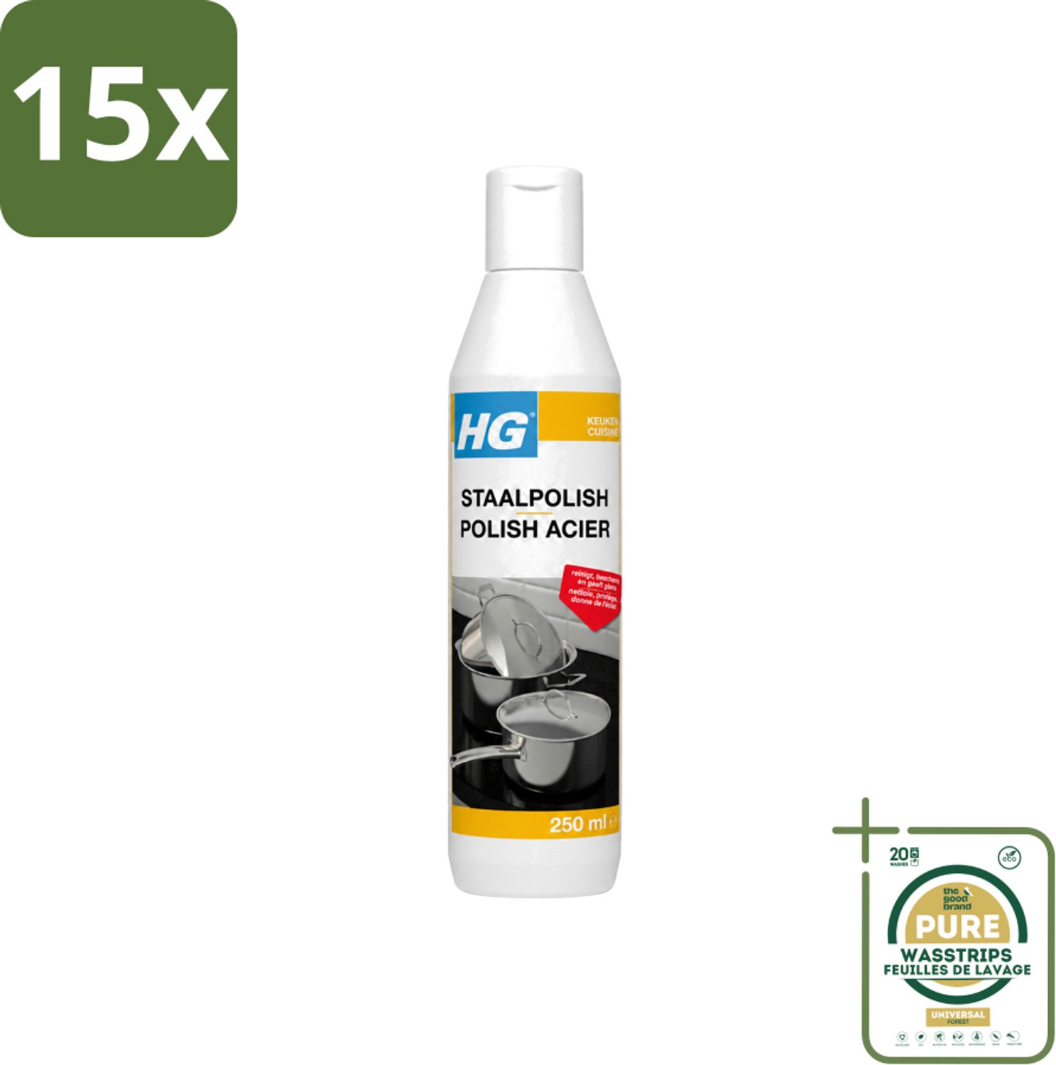15 x HG - Staalpolish - Beschermt & Polijst RVS - 250 ml - Wasstrips - Roestvrij Staal Polish - Keukenpolijst - Beschermende Polish - Glanspolijst - Keukenonderhoud