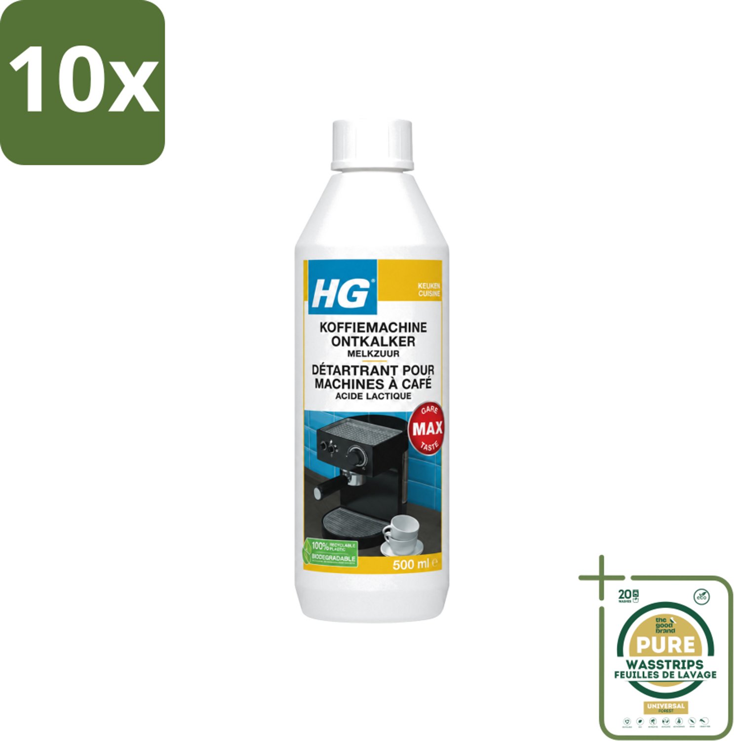 10 x HG - Koffiemachine Ontkalker - Op Basis Van Melkzuur - 4 tot 5 Reinigingsbeurten - 500 ml - Wasstrips - Koffiemachine Ontkalker - Melkzuur Ontkalker - Espresso Machine Ontkalker - Padkoffiemachine Ontkalker - Kalkverwijdering