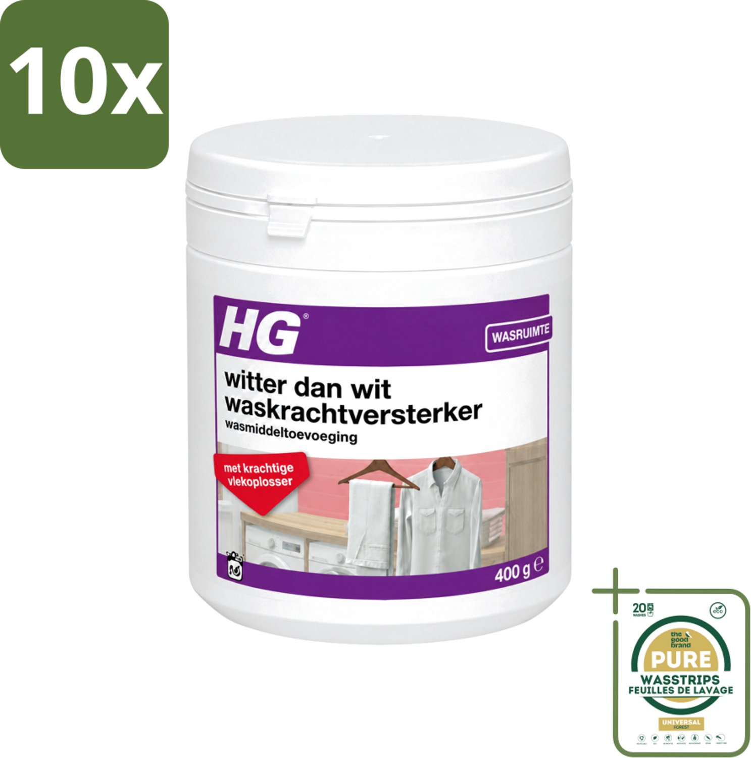 10 x HG - Wasruimte - Witter Dan Wit - Wasmiddeltoevoeging - 400 g - Wasstrips - Wit Textiel - Wasmiddel - Waskracht - Witheid - Wasgoed