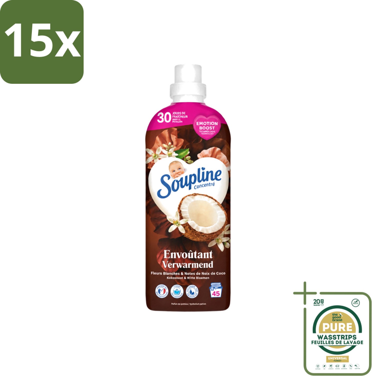 15 x Soupline – Wasverzachter – Verwarmende Kokosnoot & Witte Bloemen – 950 ml - Wasstrips - Wasverzachter - Kokosnoot - Witte Bloemen - Warme Geur - Wasgoed