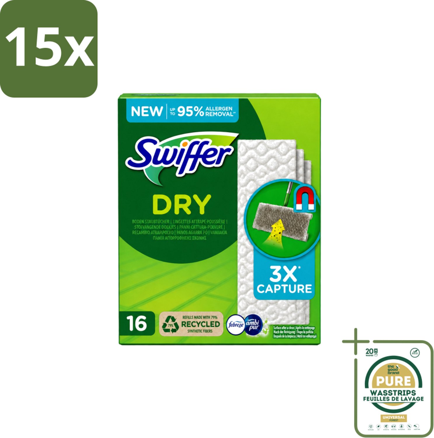 15 x Swiffer – Vloerdoekjes – Dry Navullingen – 16 doekjes - Wasstrips - Vloerreiniger - Droge Doekjes - Stofzuiger - Haren Verwijderen - Vloer Reinigen