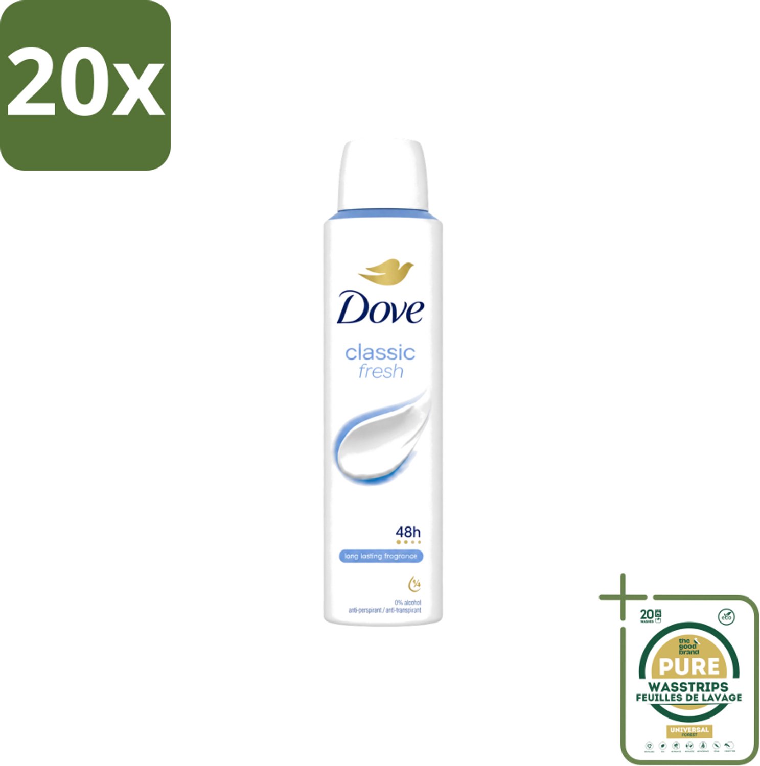 20 x Dove – Deodorant Spray – Classic Fresh – 200 ml - Wasstrips - Anti-transpirant Spray - Okselgeur - Deodorant Spray - Frisse Geur - Oksel Verzorging