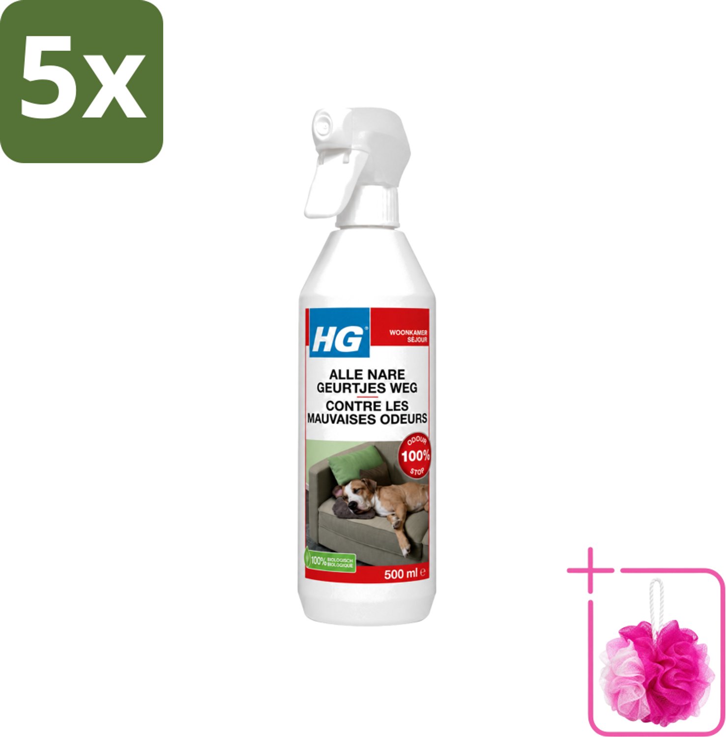 5 x HG - Alle Nare Geurtjes Weg Spray - Elimineert Stankmoleculen - Biologisch - 500 ml - Bulkverpakking - Geur stopper - Douchemop - Stankverwijderaar