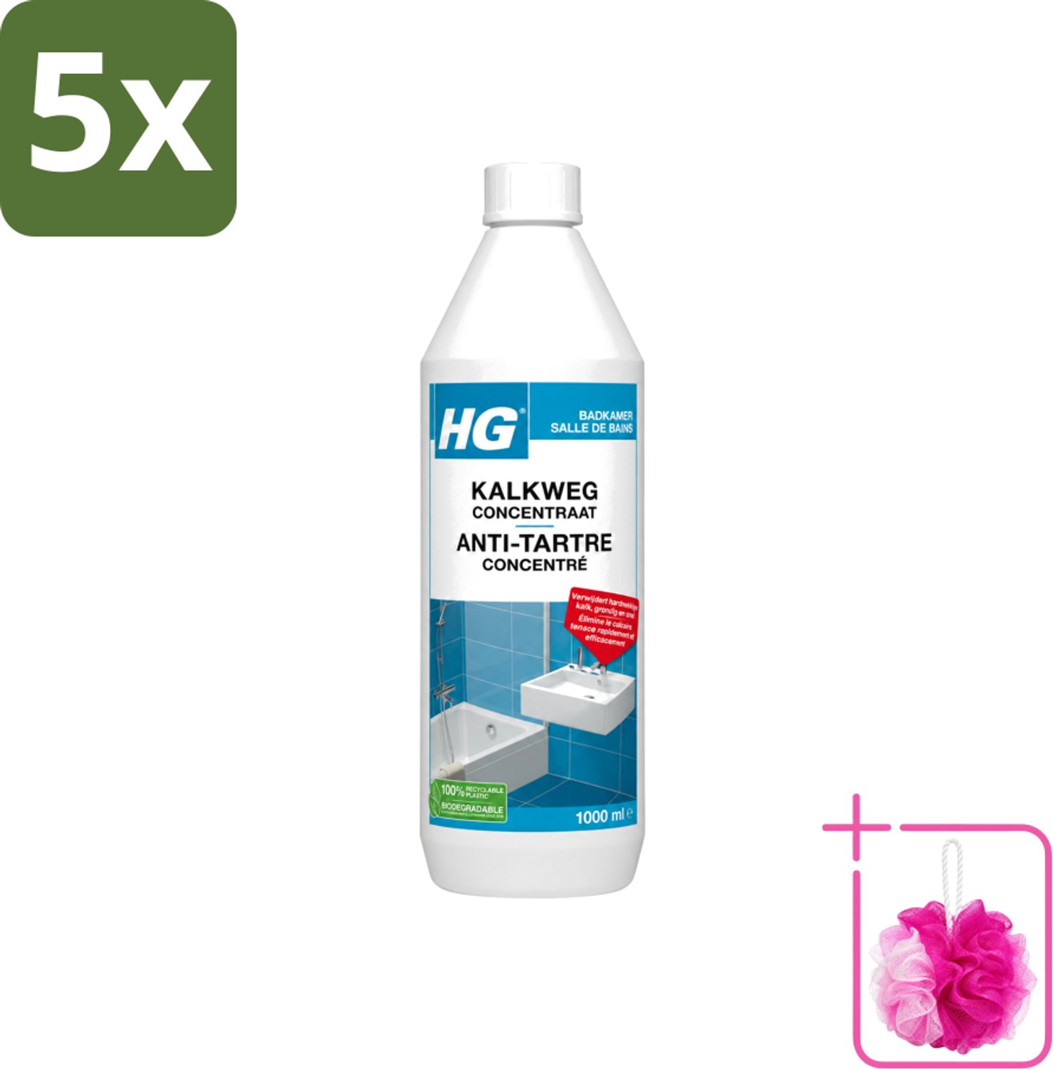 5 x HG - Badkamer - Kalkweg Concentraat - Verwijdert Hardnekkige Kalk - 1L - Bulkverpakking - Kalk weg - Douchemop - Kalk verwijderen