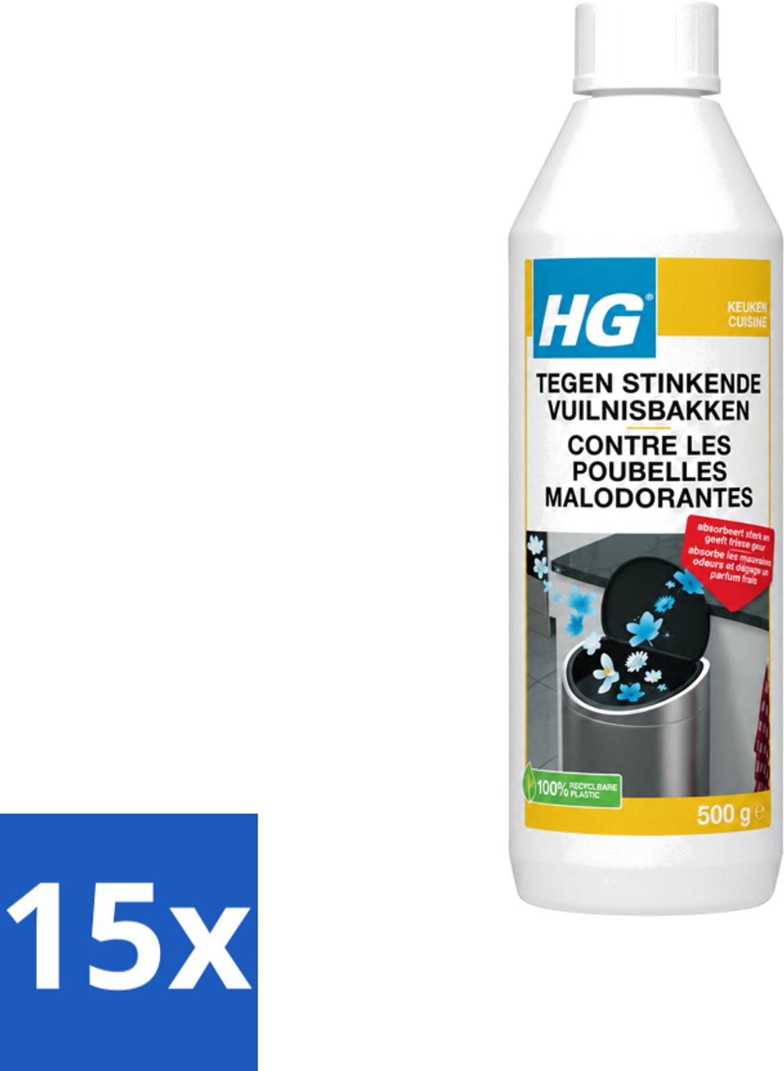 15 x HG - Tegen Stinkende Vuilnisbakken - Neutraliseert Geuren - 500 g - Voordeelverpakking - 15 stuks