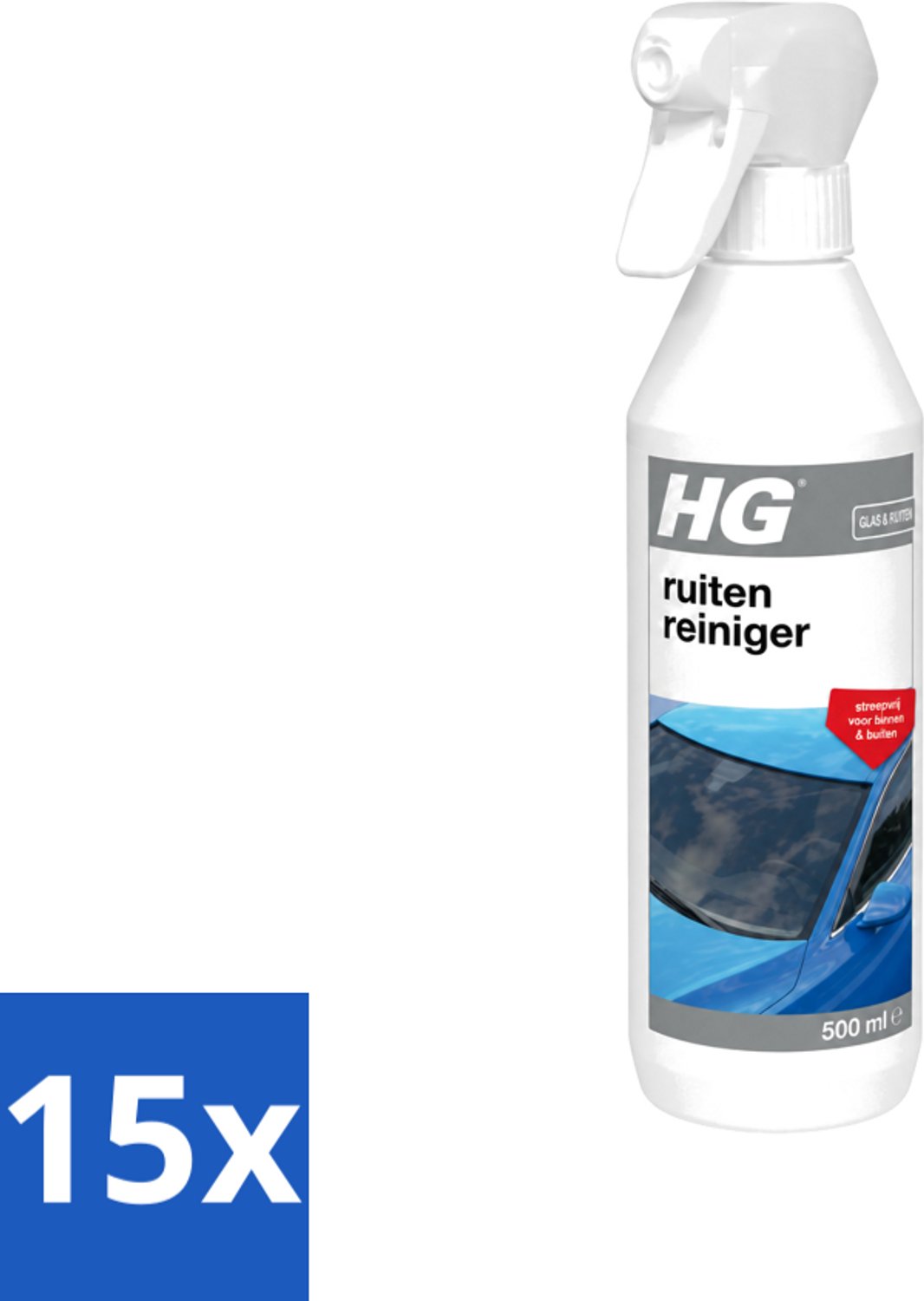 15 x HG - Ruitenreiniger - Streepvrij Voor Binnen & Buiten - 500 ml - Voordeelverpakking - 15 stuks